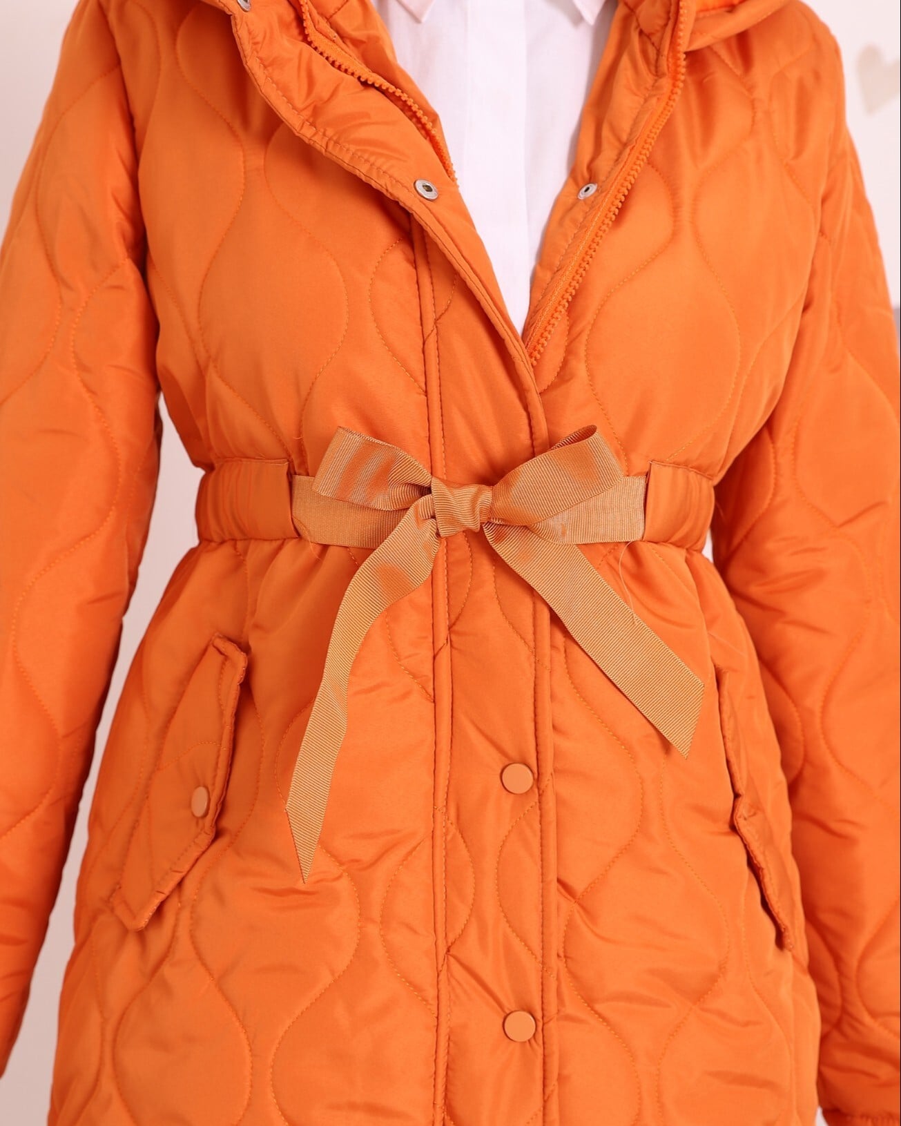 Women's Quilted Hooded Coat with Belt and Pockets - Orange - Podyumplus - by Peralane - photo 5