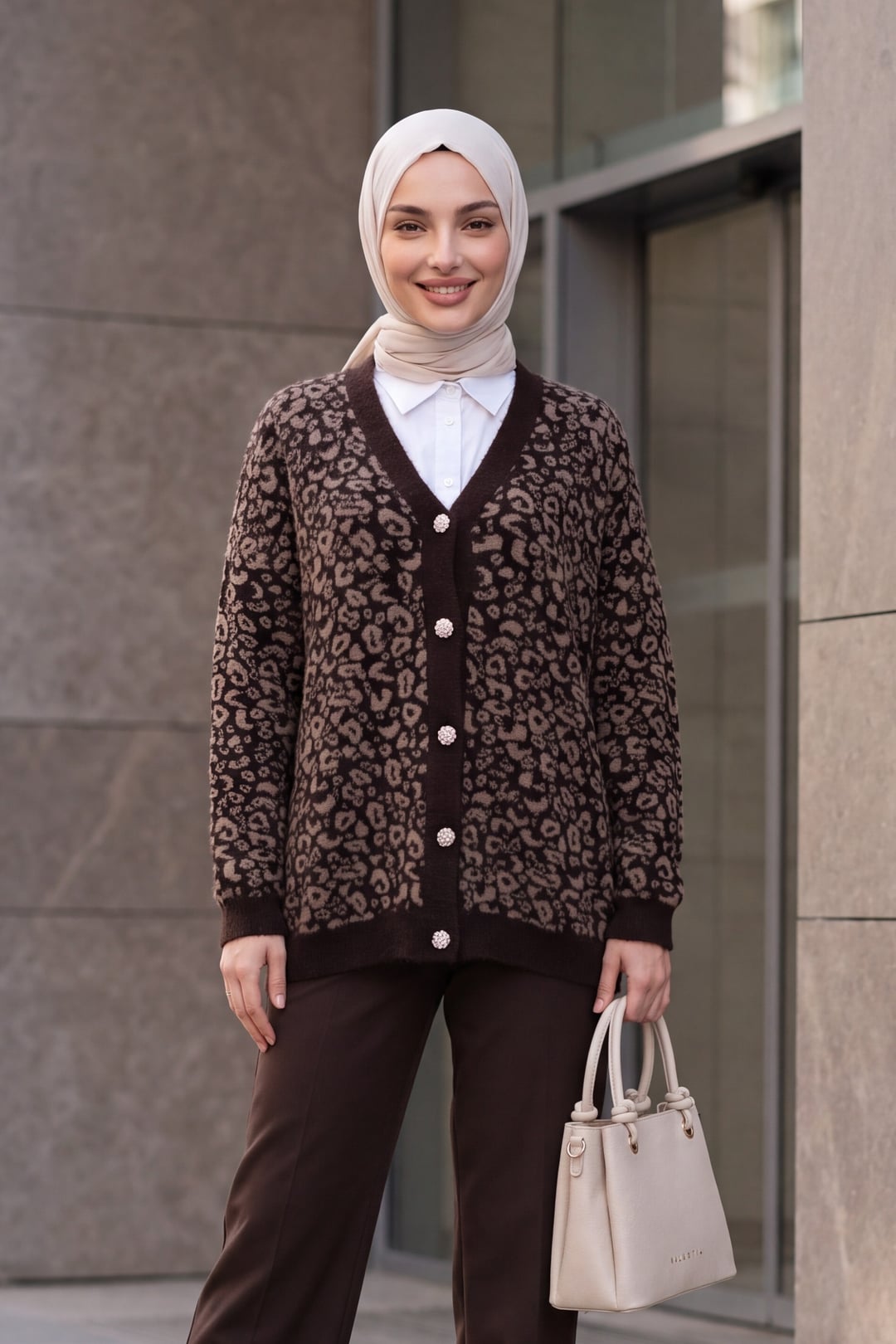 Leopard Print Buttoned Oversize Fringe Cardigan - Dark Brown - Podyumplus - by Peralane - photo 3