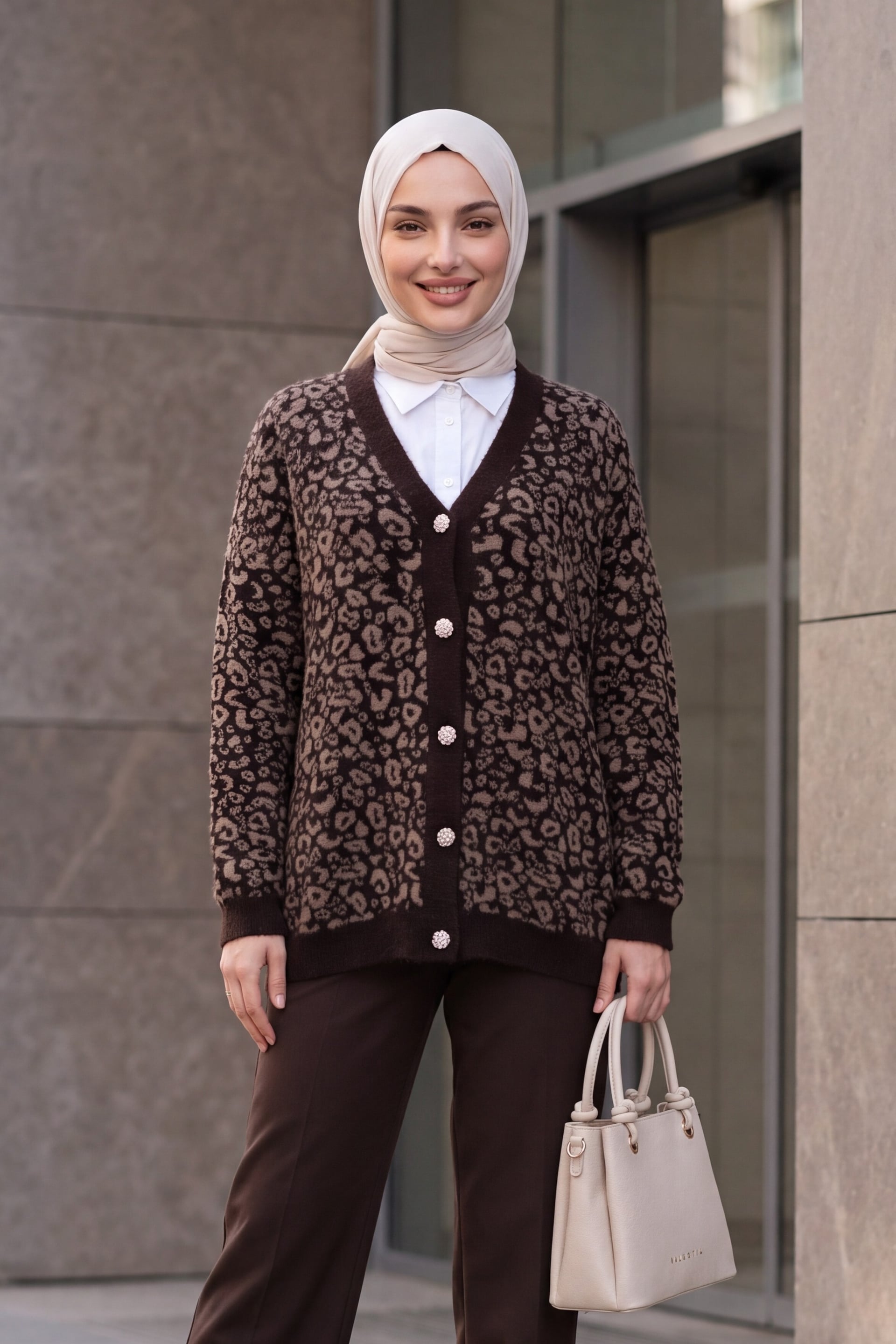 Leopard Print Buttoned Oversize Fringe Cardigan - Dark Brown - Podyumplus - by Peralane - photo 3