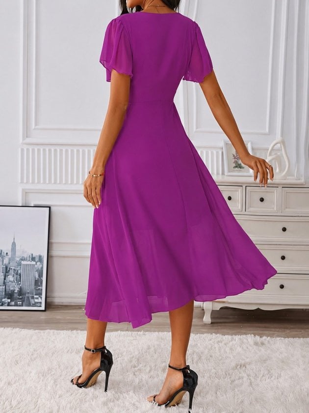 Women's V-Neck Short Sleeve Midi Lined Chiffon Dress - Magenta - Janes - by Peralane - photo 2