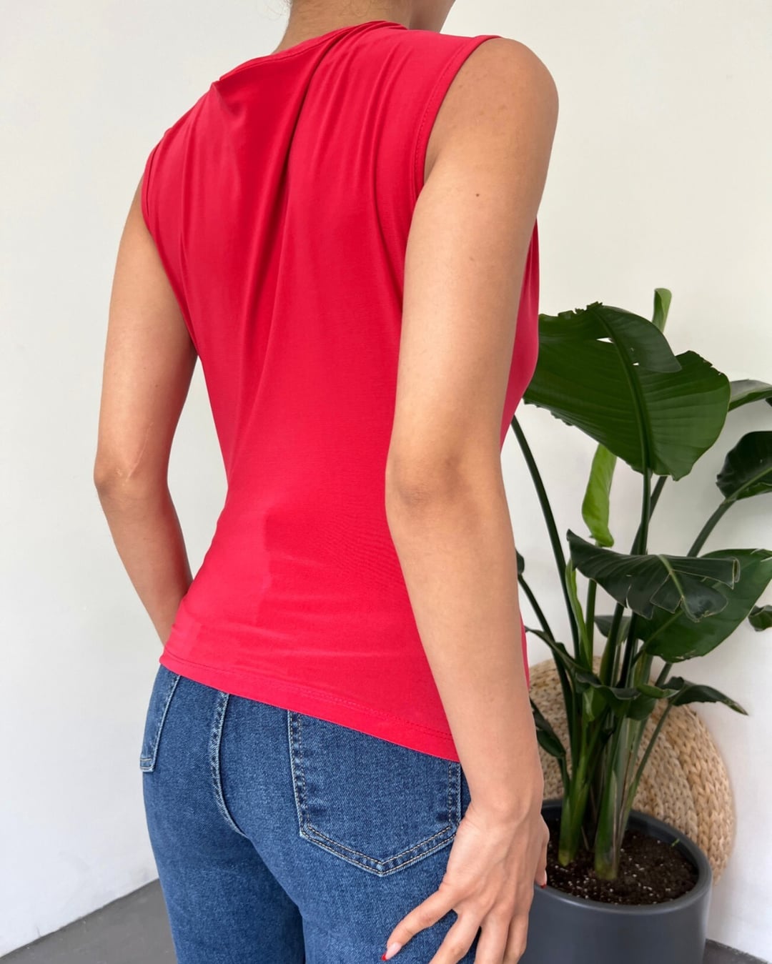 Red Sleeveless Draped Blouse with Padded Shoulders - Podyumplus - by Peralane - photo 4