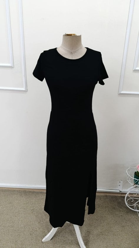 Women's Black Short-Sleeved Round Neck Side-Slit Midi Viscose Dress - Janes - by Peralane - photo 4