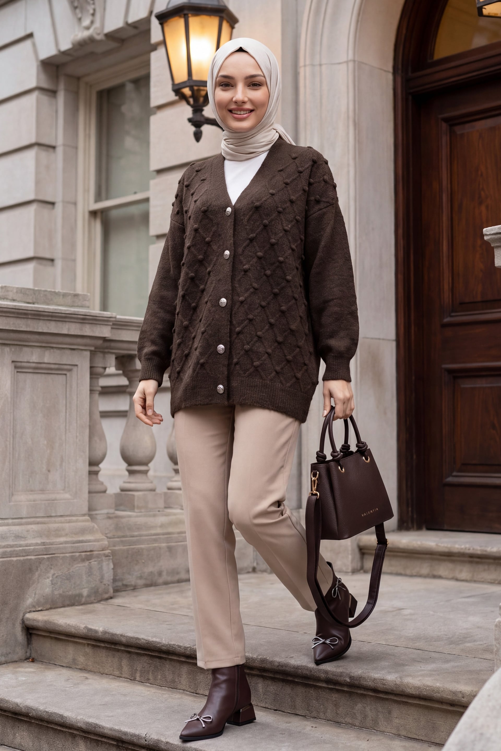 Embossed Bobble Detail Buttoned Knit Cardigan - Brown - Podyumplus - by Peralane - photo 2