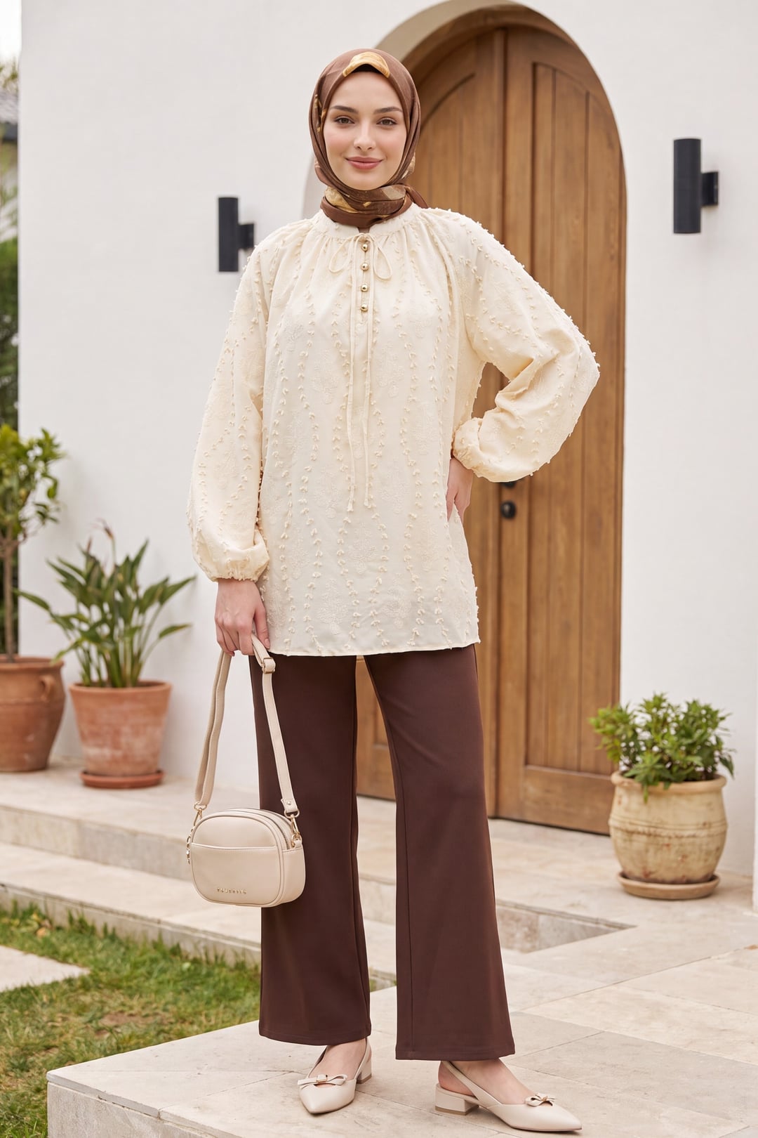 Lace-Up Collar Buttoned Lined Embroidered Oversize Linen Tunic - Yellow - Podyumplus - by Peralane - photo 5