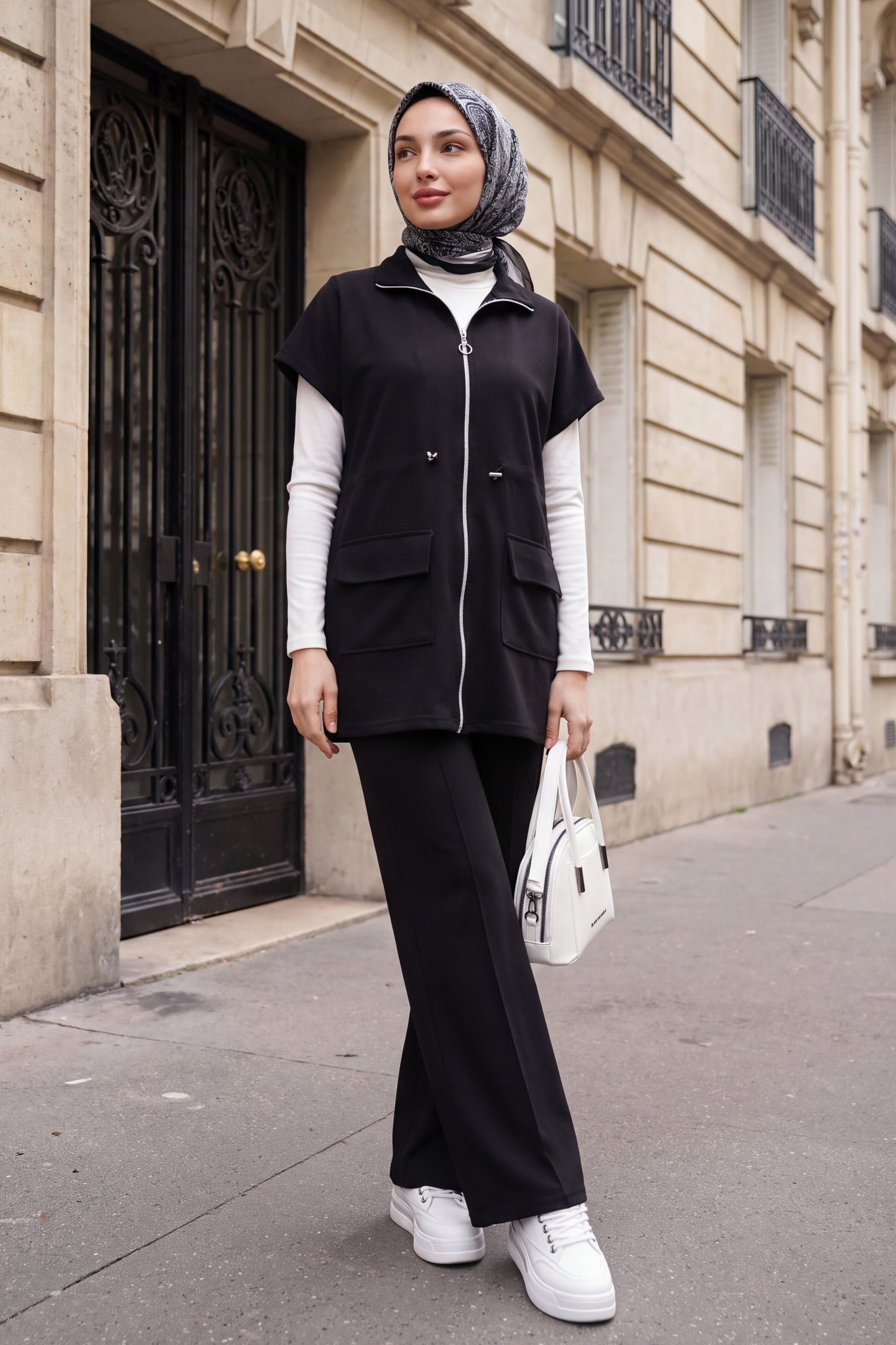 Black Hooded Zip-Up Two-Piece Set with Wide-Leg Trousers - Podyumplus - by Peralane - photo 2
