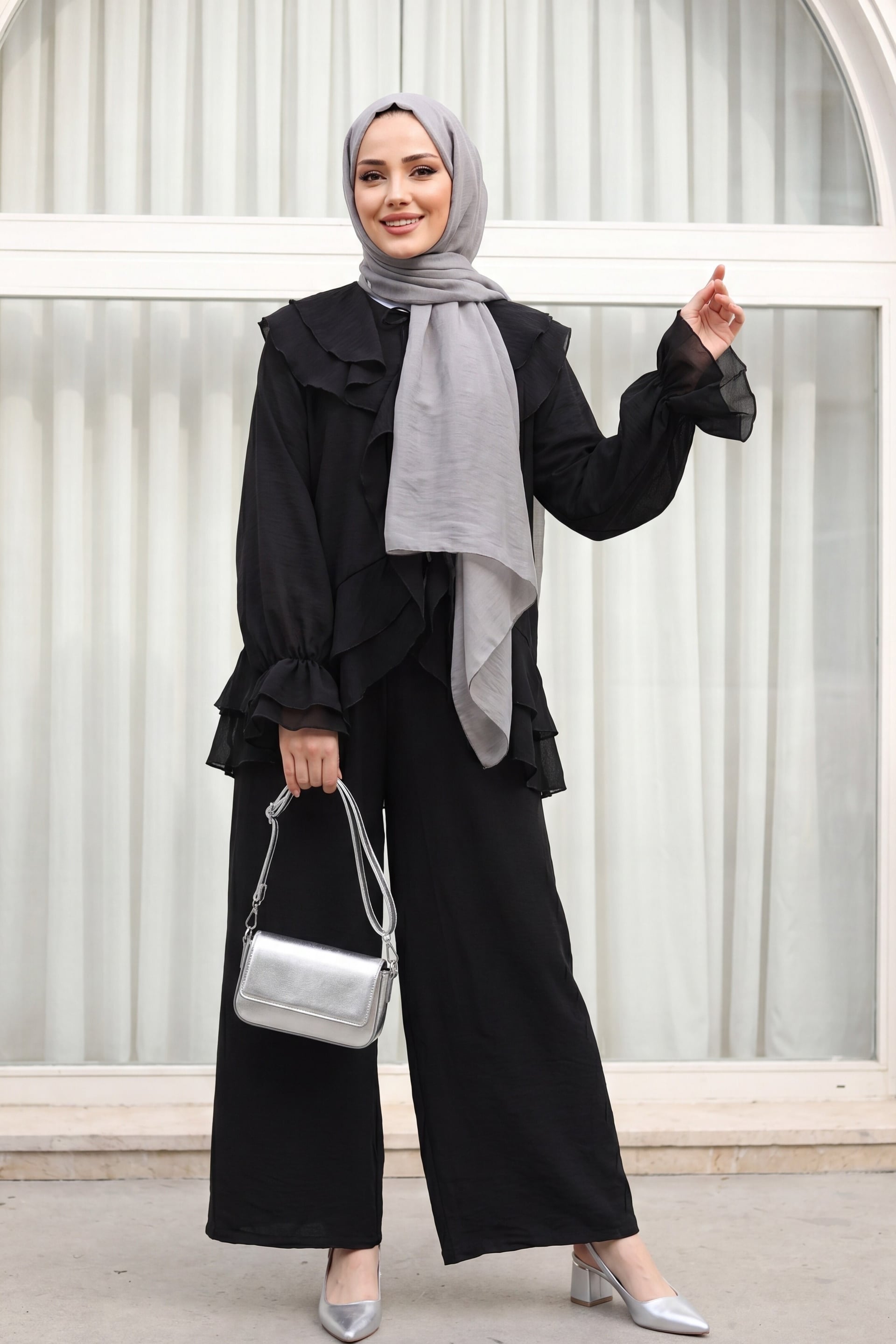 Black Lace-Up Front Layered Collar Long-Sleeve Blouse and Lined Wide-Leg Trousers Two-Piece Set - Podyumplus - by Peralane - photo 3
