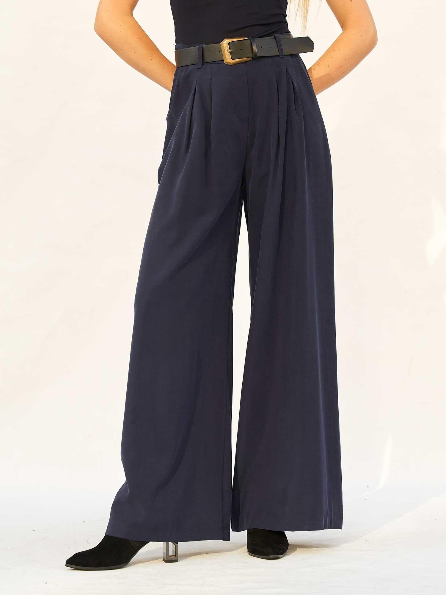 Navy Blue Belted Pleated Palazzo Trousers - Lefon - by Peralane - photo 4