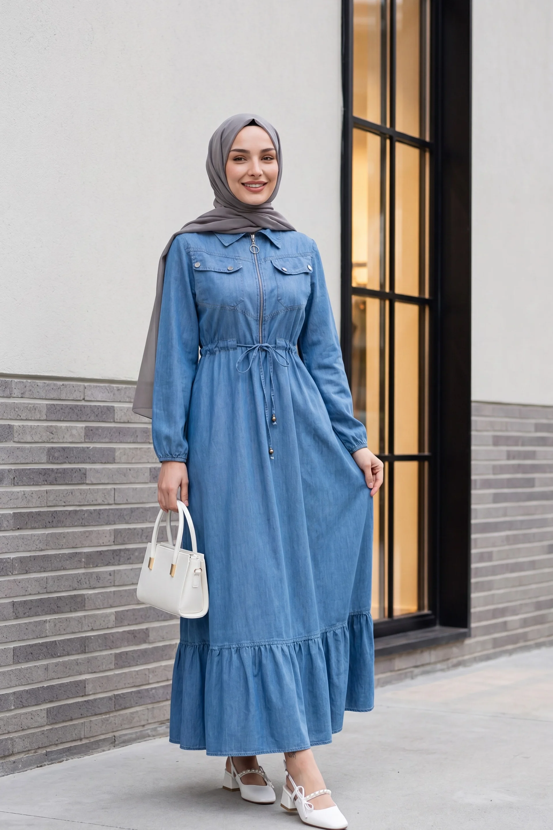 Tunnel Drawstring Half-Zip Pocket Denim Dress - Blue - Podyumplus - by Peralane