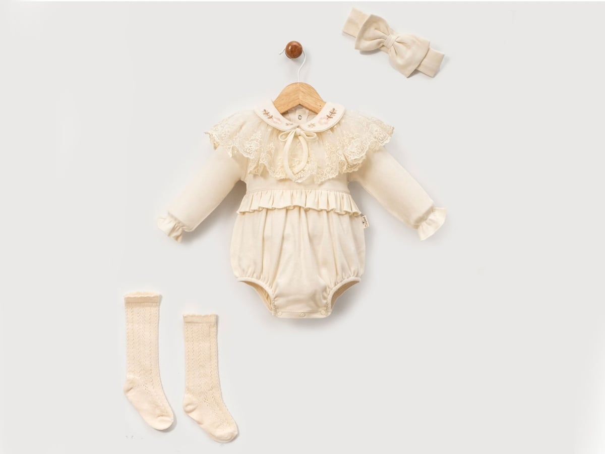 Baby Girl Lace Collar Romper Set with Headband and Socks - Beige - Cayzen - by Peralane
