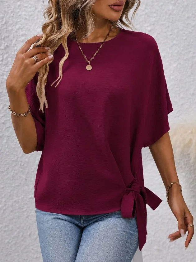 Women's Short-Sleeved Crew Neck Side Lace-Up Textured Blouse - Janes - by Peralane