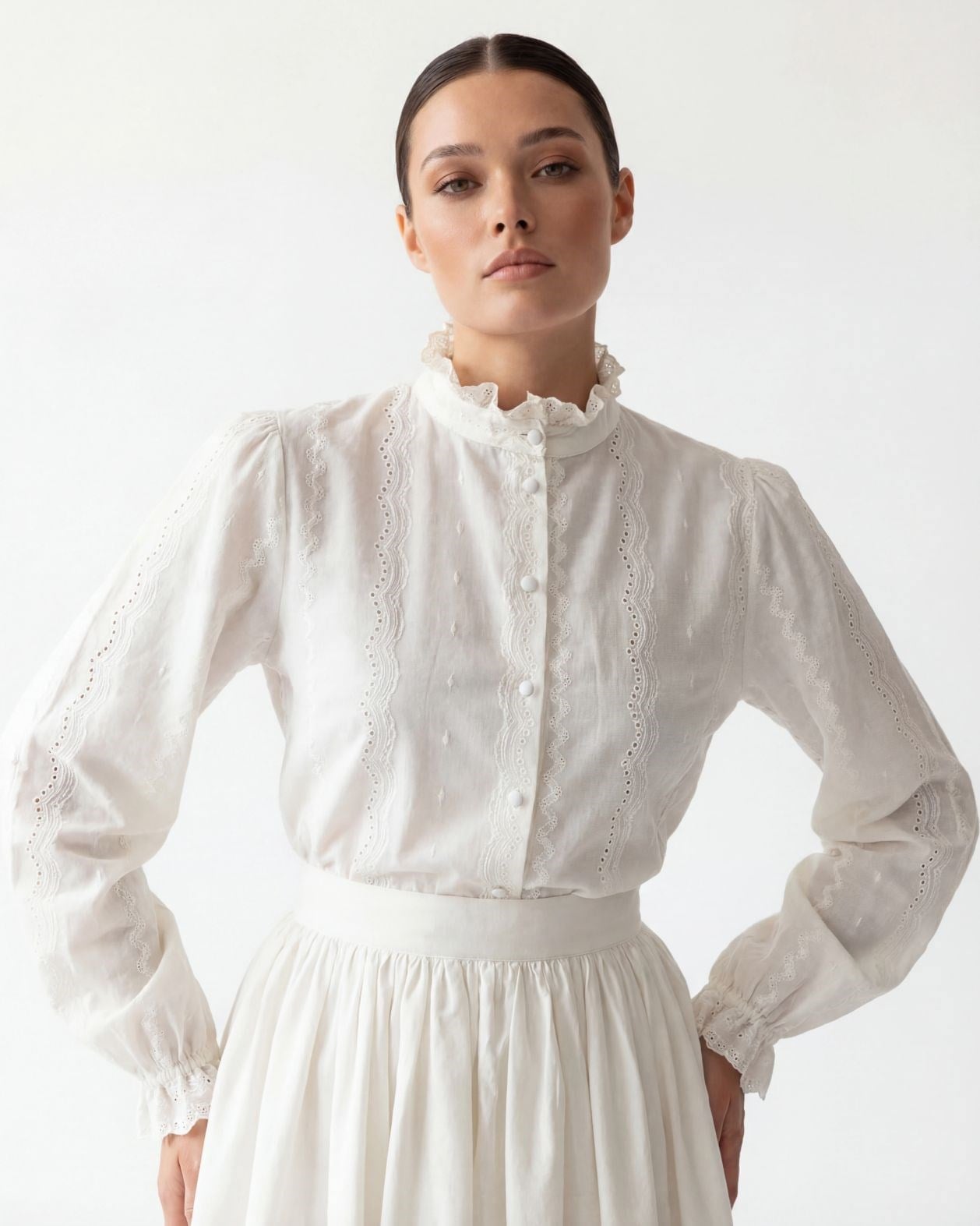 Women's Ecru Cotton Blouse and Skirt Set with Ruffled Details - Fame - by Peralane - photo 2