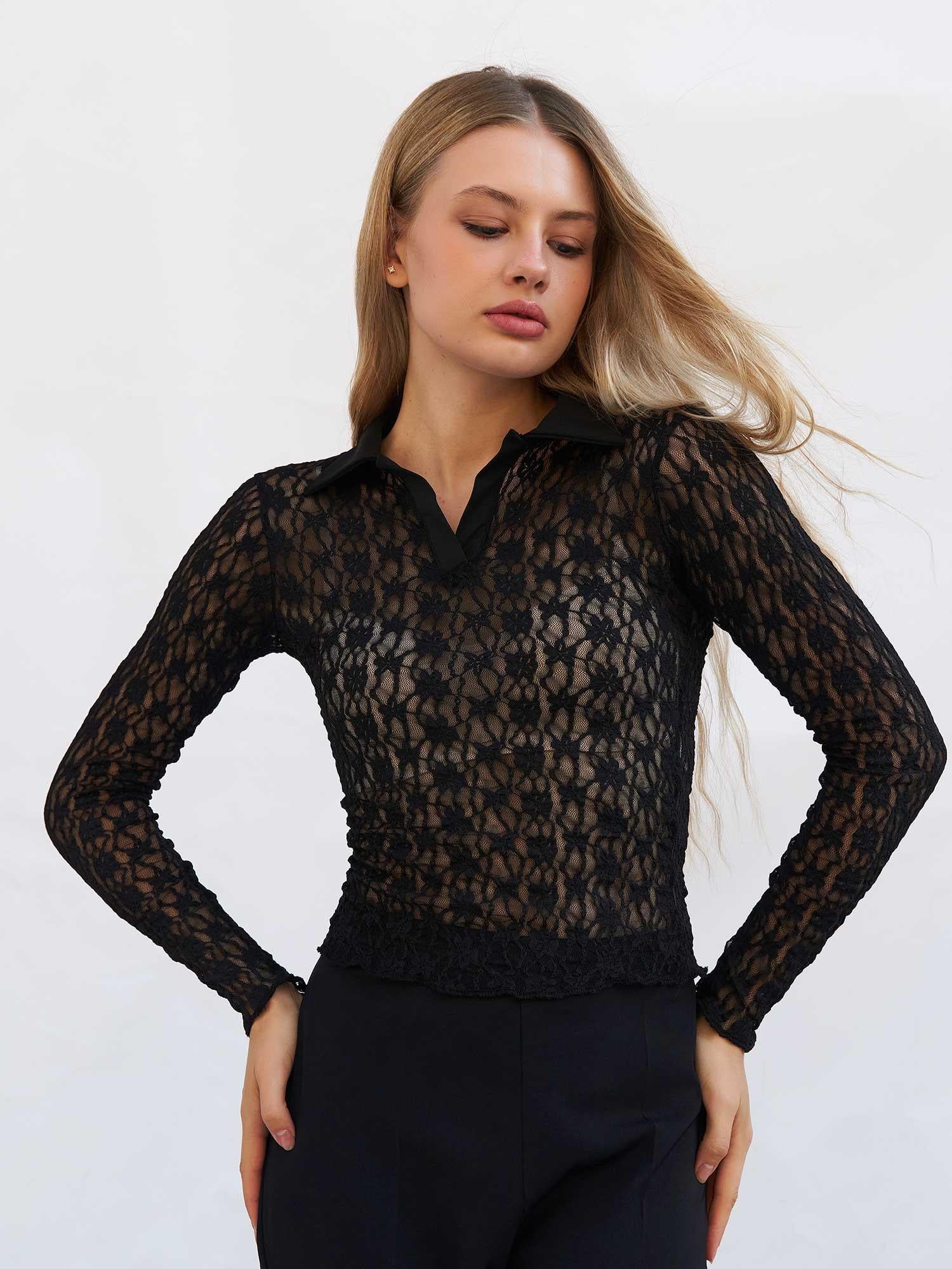 Lace Blouse with Collar and Long Sleeves - Lefon - by Peralane - photo 6
