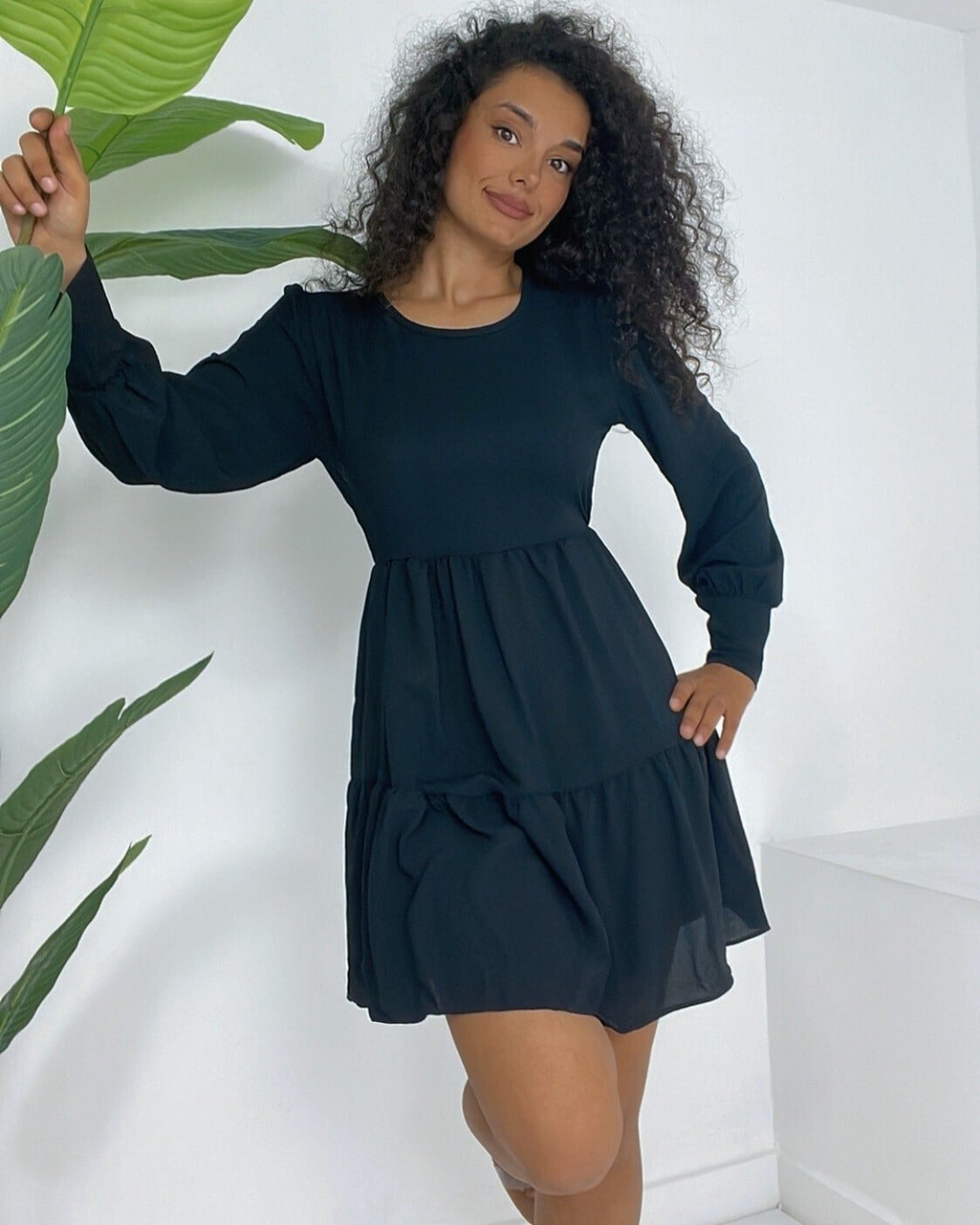 Black Round Neck Tiered Frill Dress with Elastic Waist - Podyumplus - by Peralane - photo 3