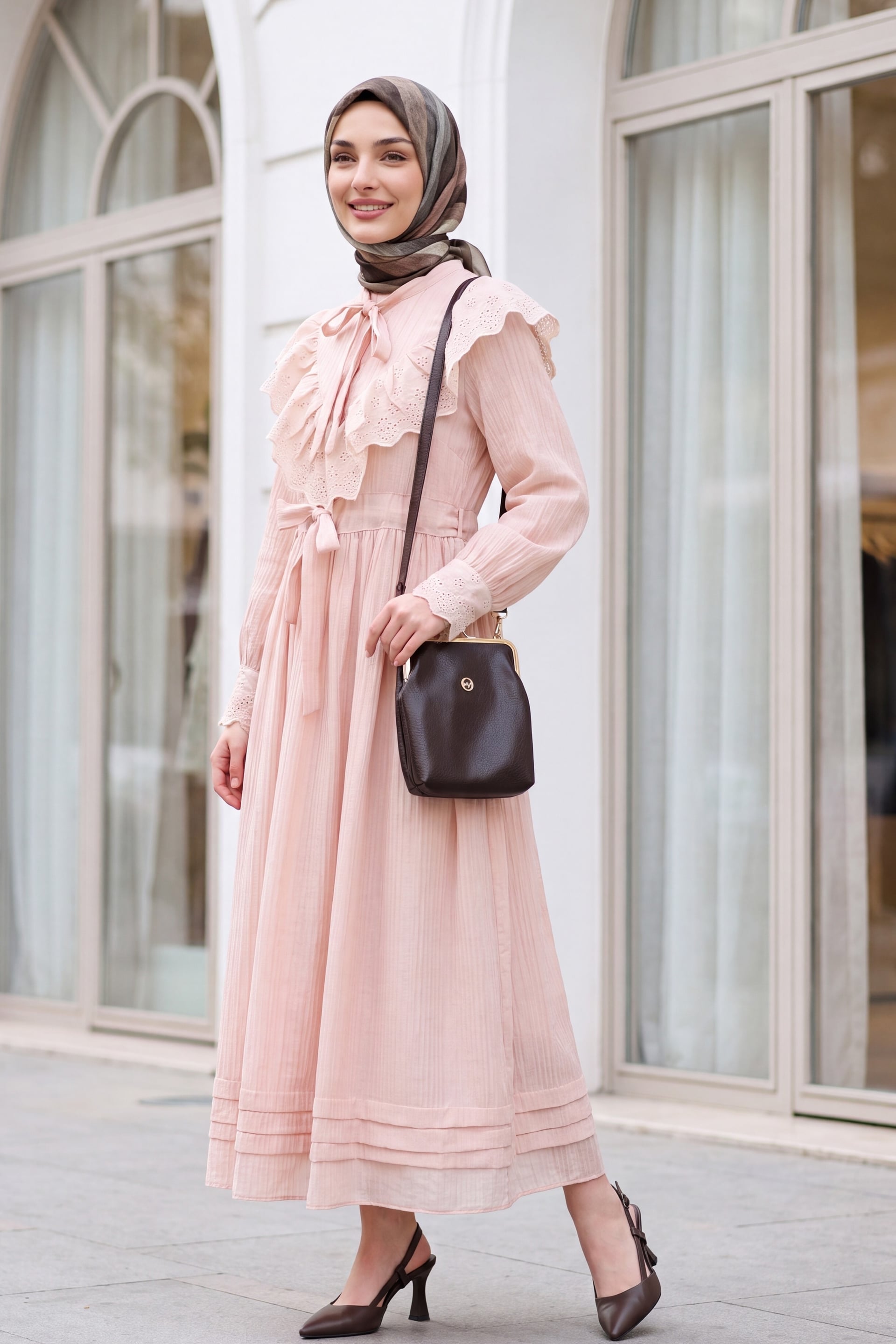 Ruffled Collar Tie Waist Crinkle Dress - Powder Pink - Podyumplus - by Peralane - photo 3