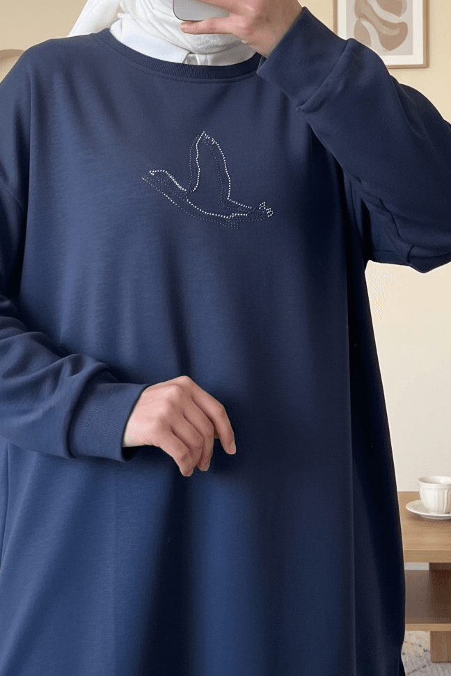 Navy Blue Bird Motif Embellished Tunic - Podyumplus - by Peralane - photo 3
