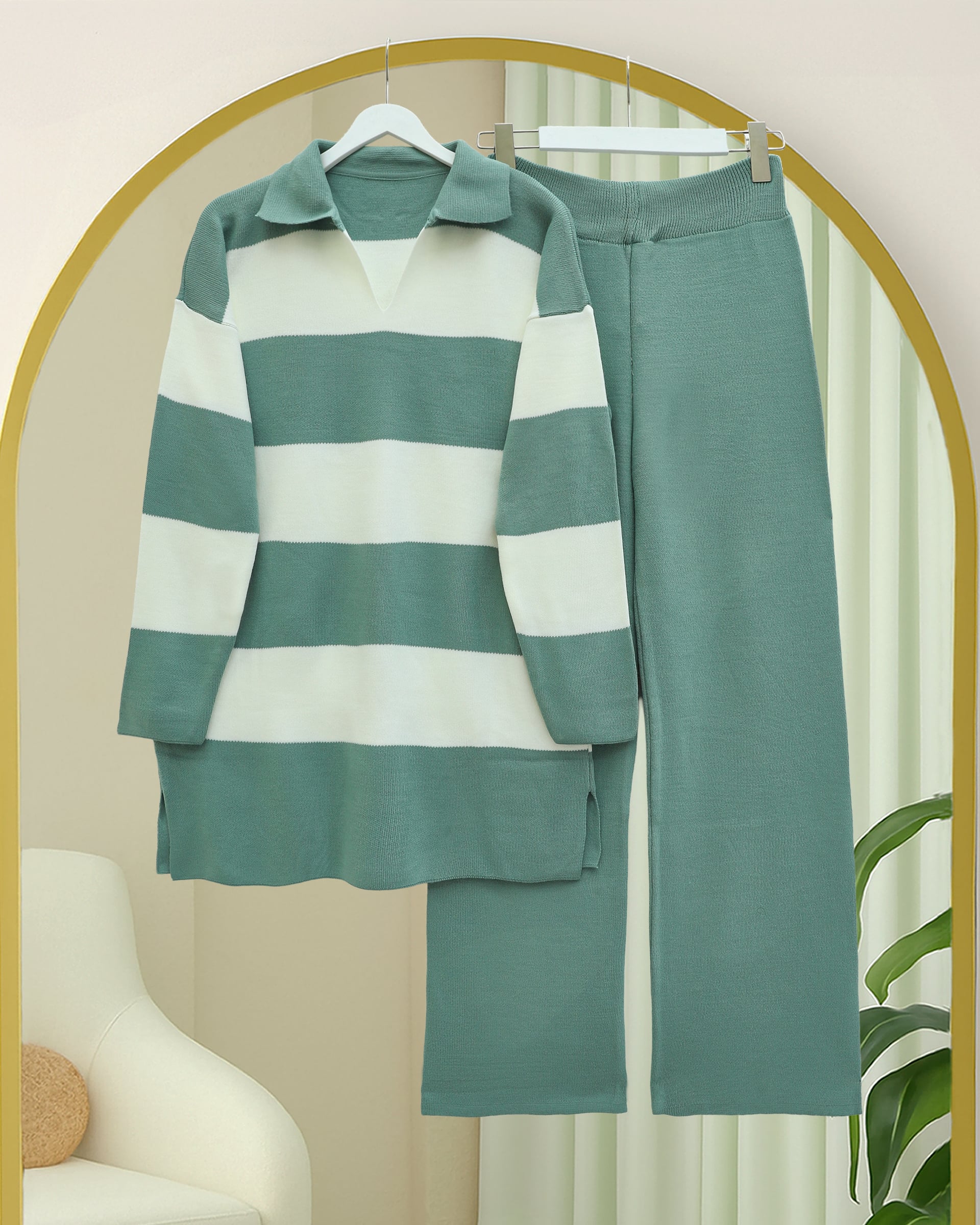 V-Neck Long-Sleeve Knit Tunic and Wide-Leg Pant Set in Mint - Podyumplus - by Peralane - photo 2