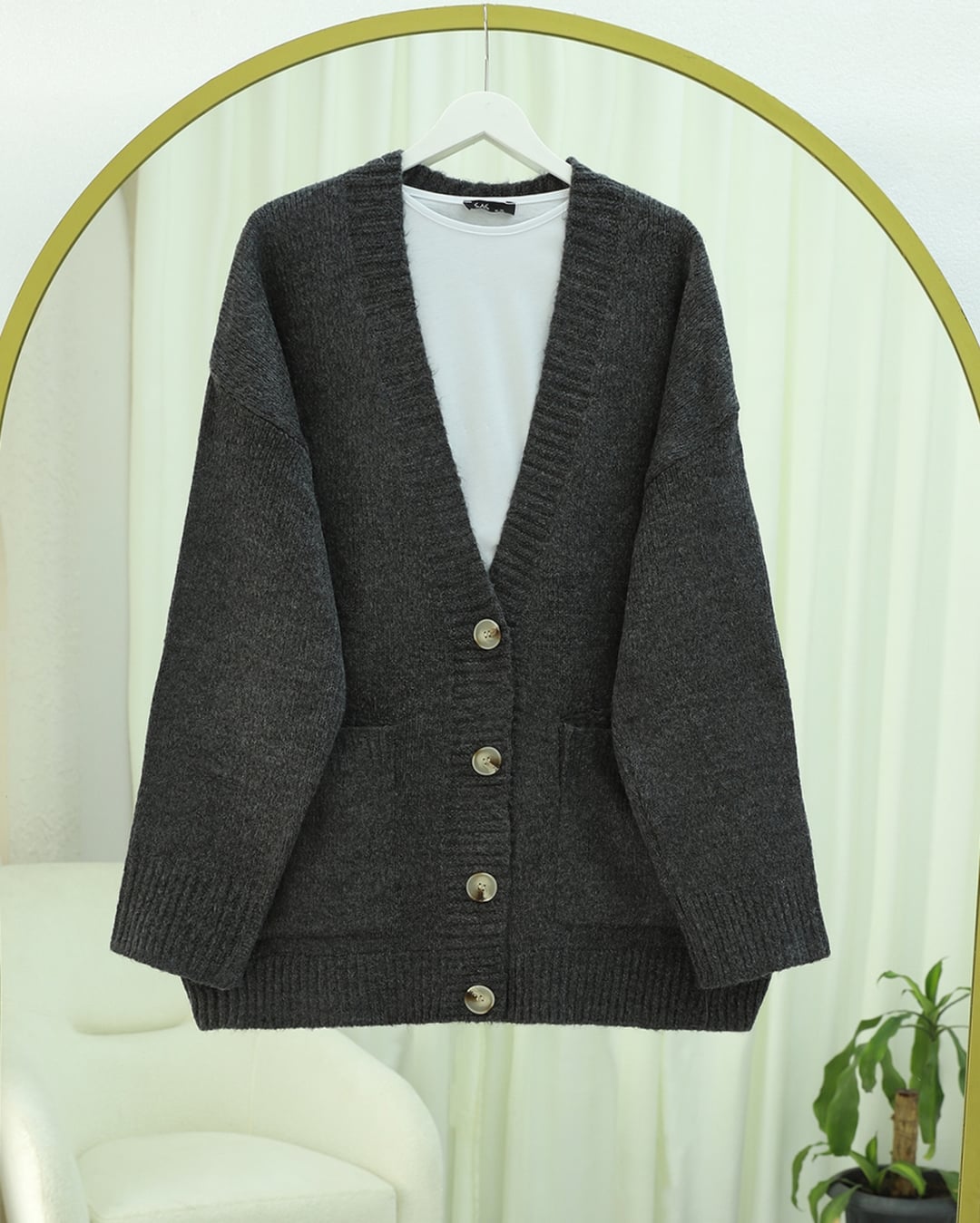 Buttoned Double-Pocket Oversized Knit Cardigan - Smoke - Podyumplus - by Peralane - photo 5