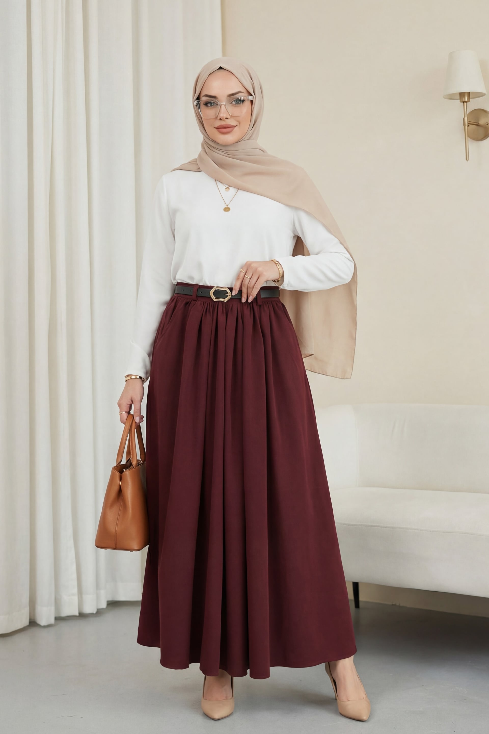 Burgundy Pleated Tweed Skirt with Buckle Belt and Side Pockets - Podyumplus - by Peralane