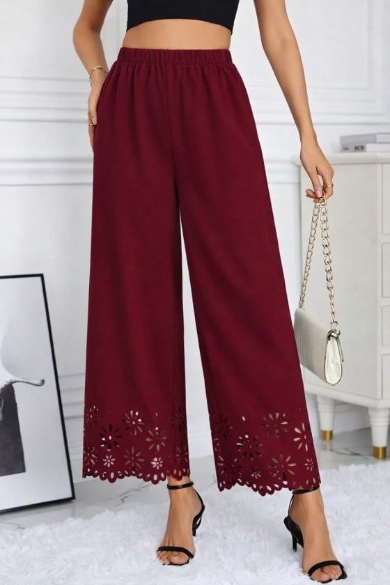 Women's High-Waisted Elasticated Waist Wide-Leg Trousers with Floral Laser-Cut Detail - Janes - by Peralane
