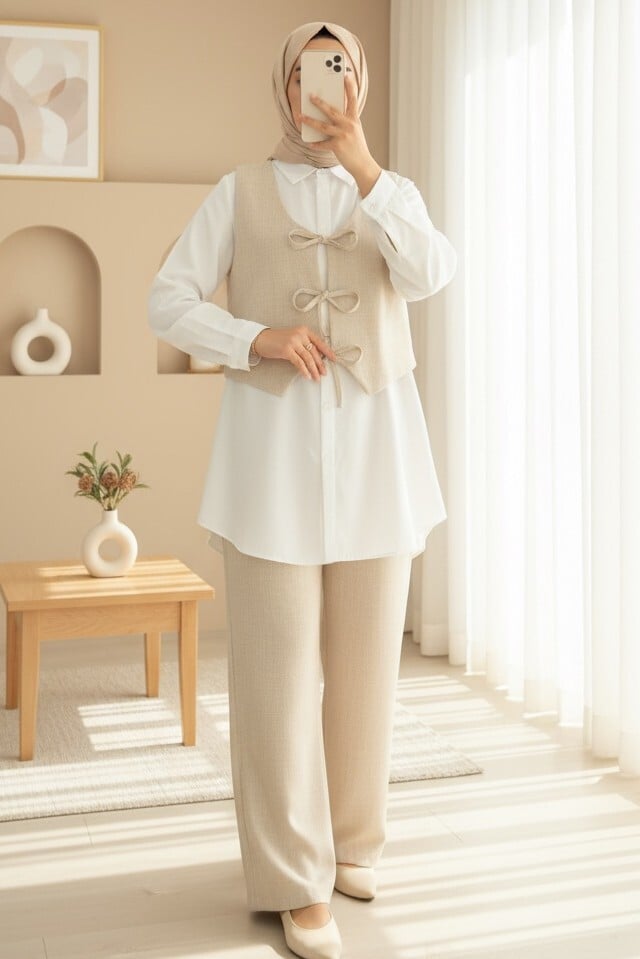 Beige Front-Tie Vest and Wide-Leg Trousers Co-ord Set for Women - Podyumplus - by Peralane - photo 2