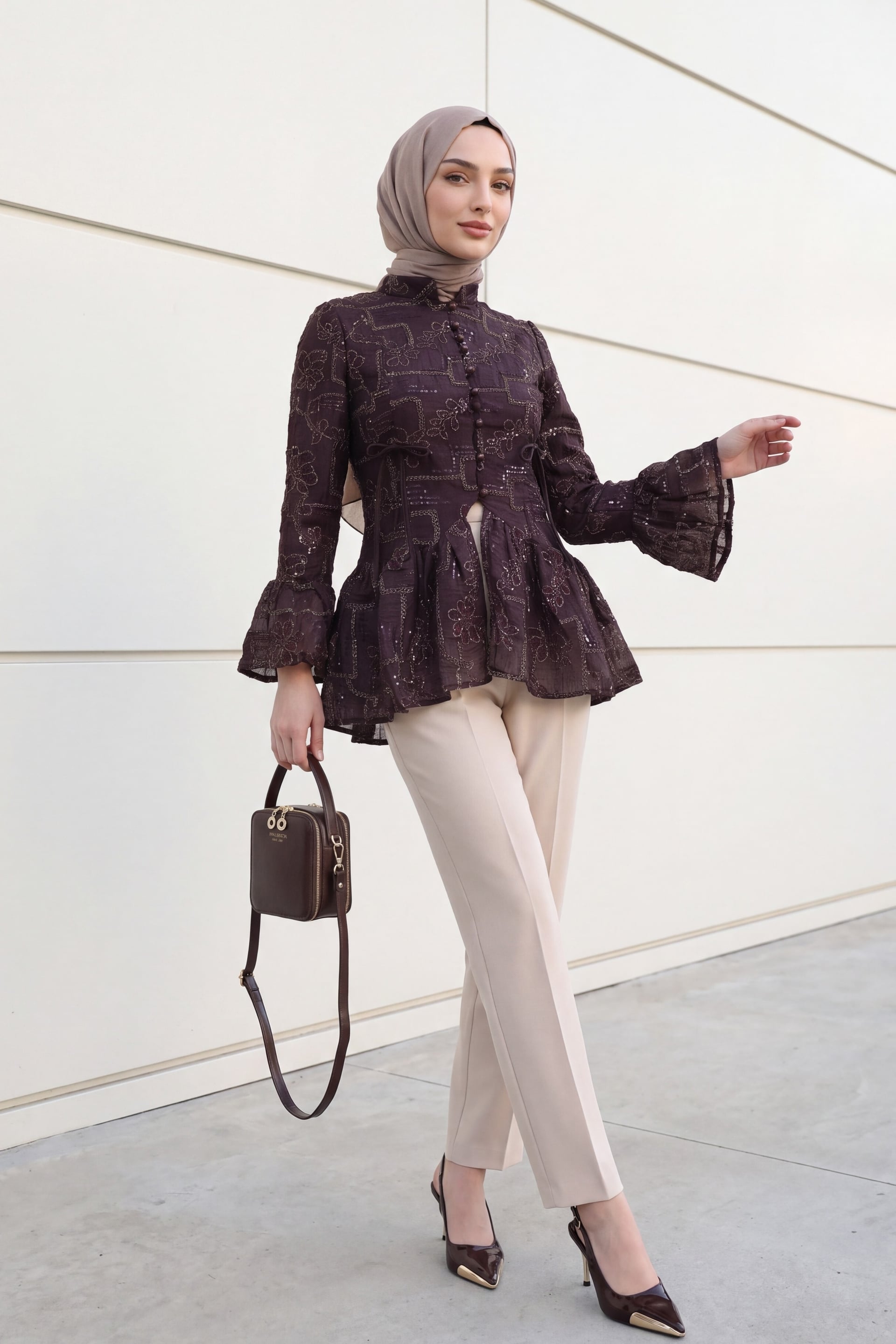 Dark Purple High Neck Button Front Lined Frilled Poliviscose Tunic - Podyumplus - by Peralane - photo 7