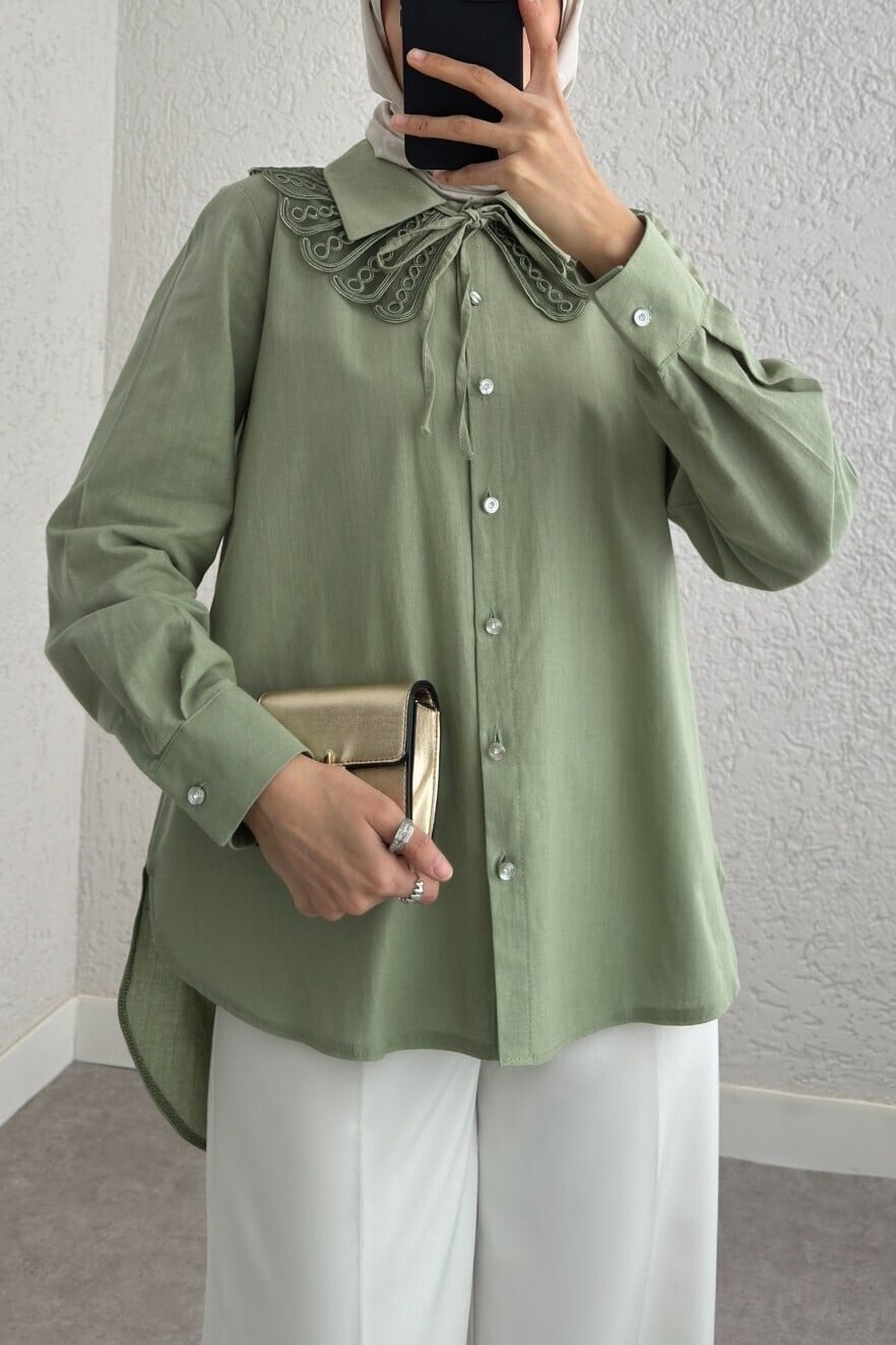 Sage Green Long Back Buttoned Modest Blouse with Scalloped Collar - Podyumplus - by Peralane - photo 4