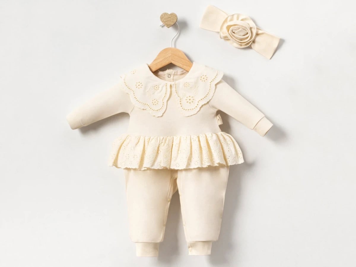 Cream Baby Girl Romper and Headband Set with Eyelet Collar - Cayzen - by Peralane