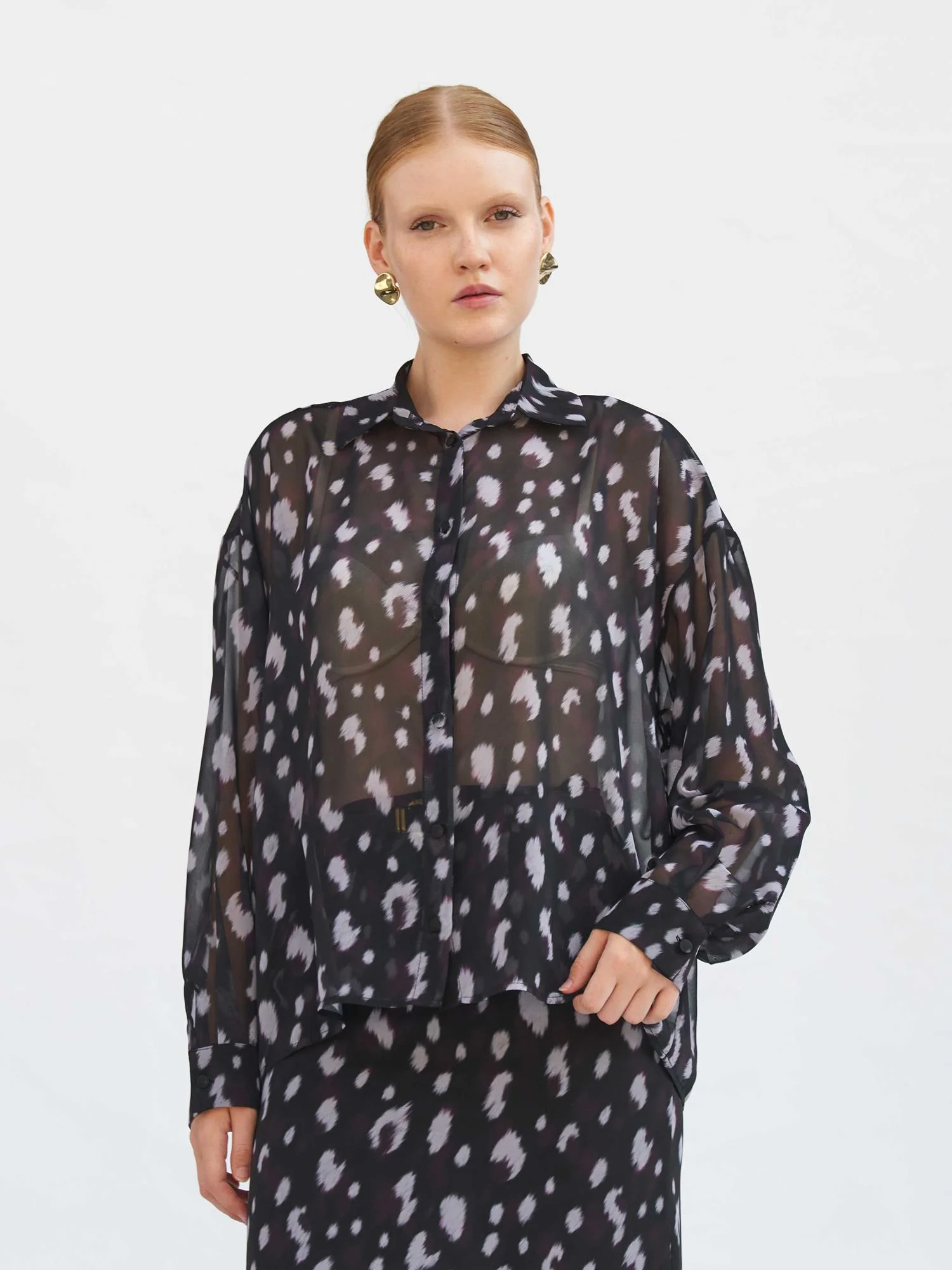 Sheer Black Abstract Spot Print Blouse with Collar - Lefon - by Peralane