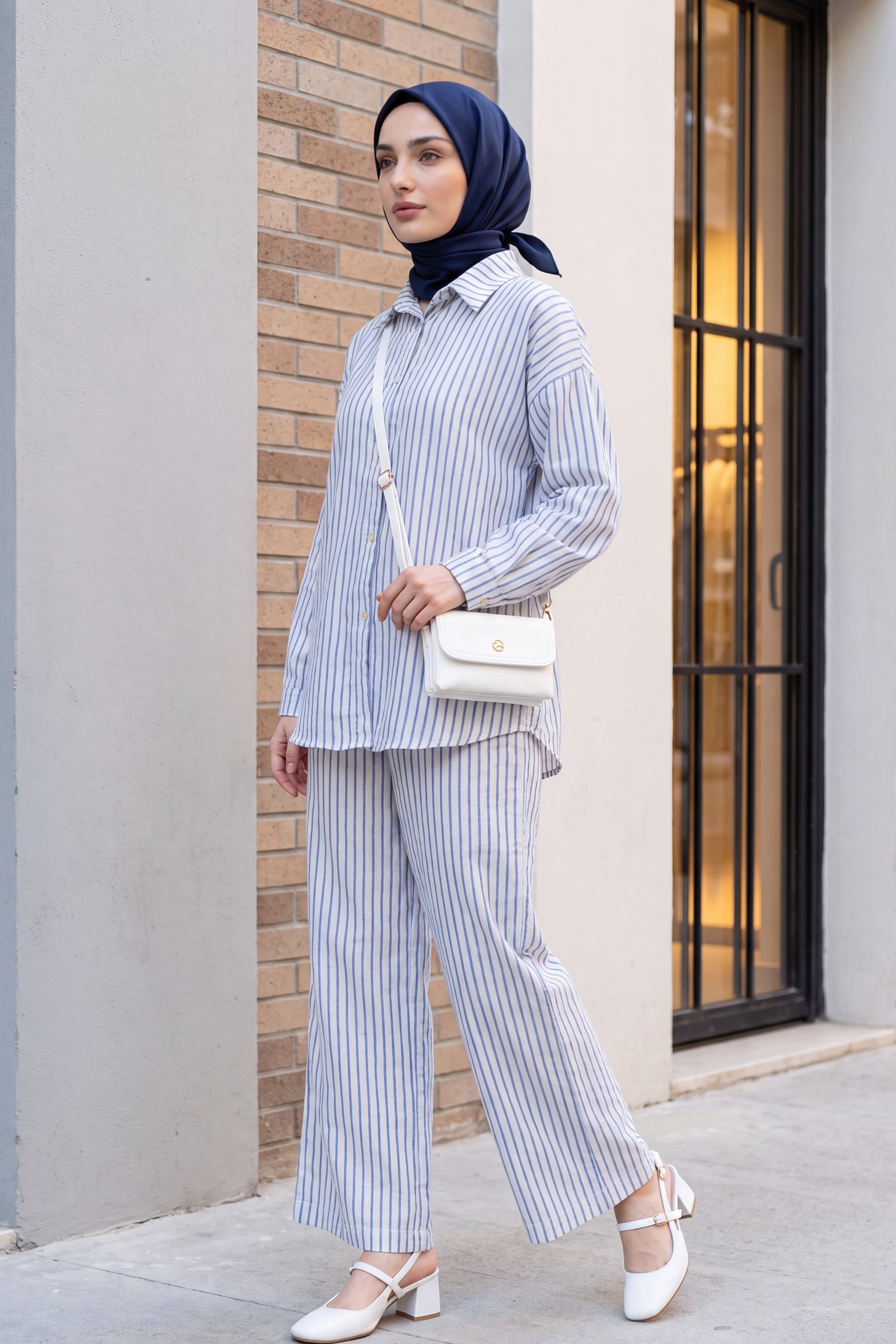 Striped Buttoned Linen Two-Piece Set with Trousers - Blue - Podyumplus - by Peralane - photo 2