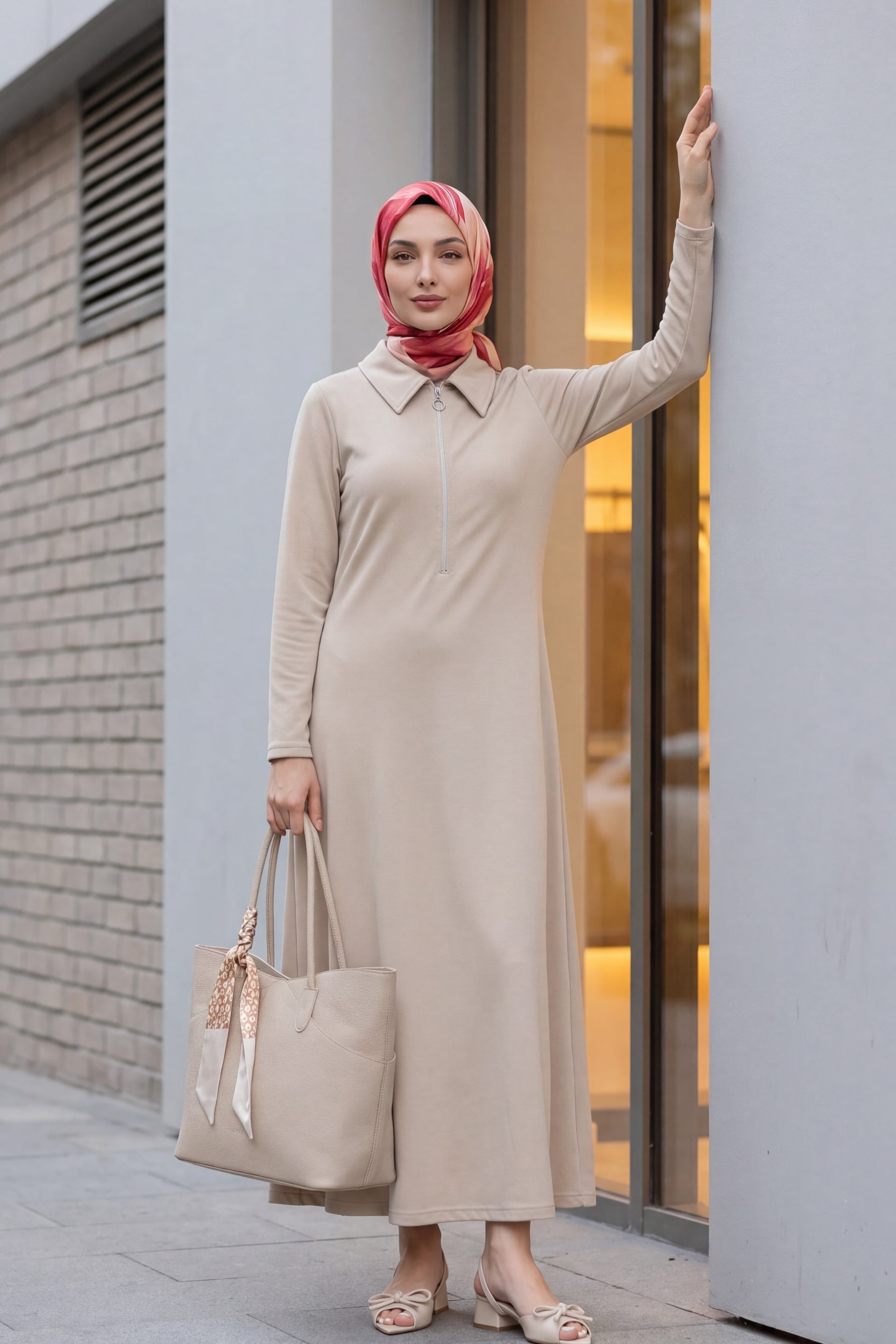Half-Zip Long-Sleeve Shirt-Collar Maxi Dress in Light Beige - Podyumplus - by Peralane - photo 4