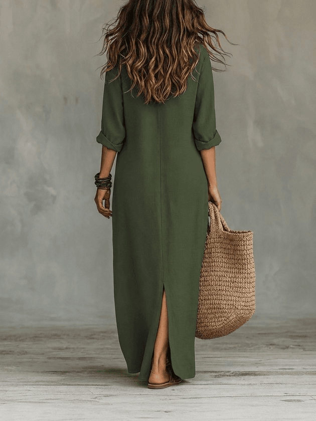 Women's Olive Green Long Sleeve Collared Button-Up Maxi Shirt Dress with Slit - Janes - by Peralane - photo 3