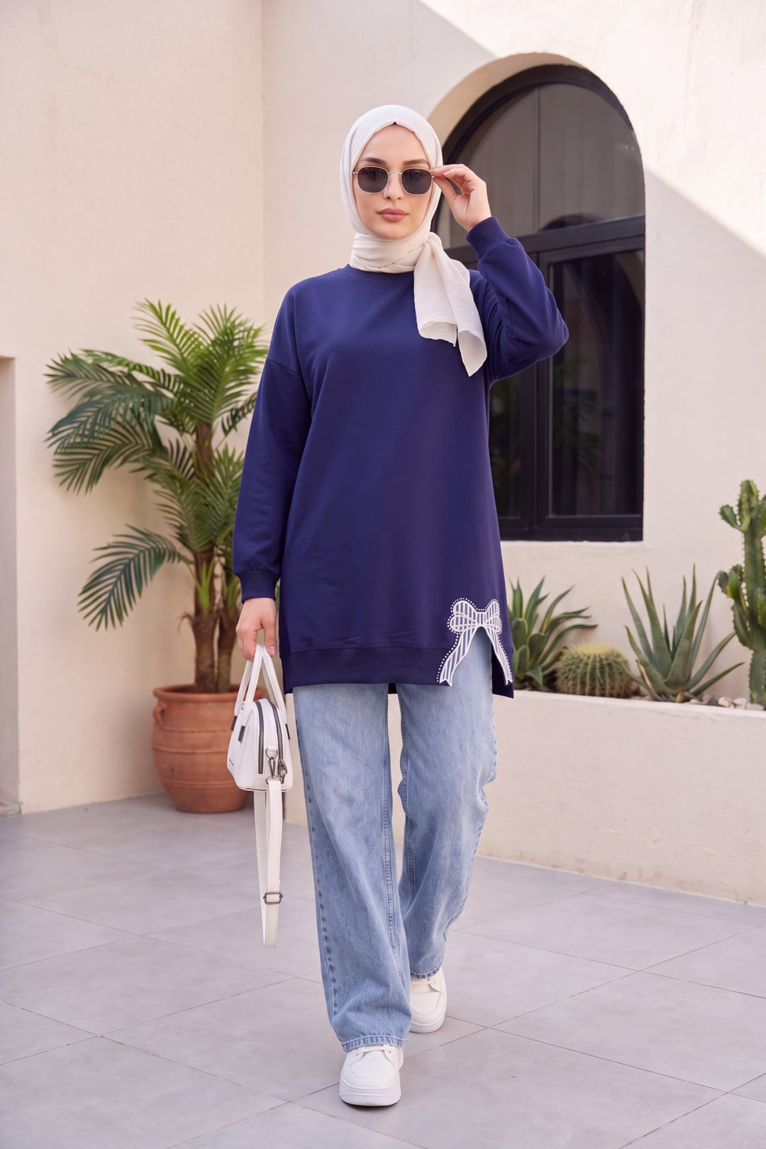 Round Neck Bow Detail Loose Knit Tunic - Navy - Podyumplus - by Peralane - photo 7