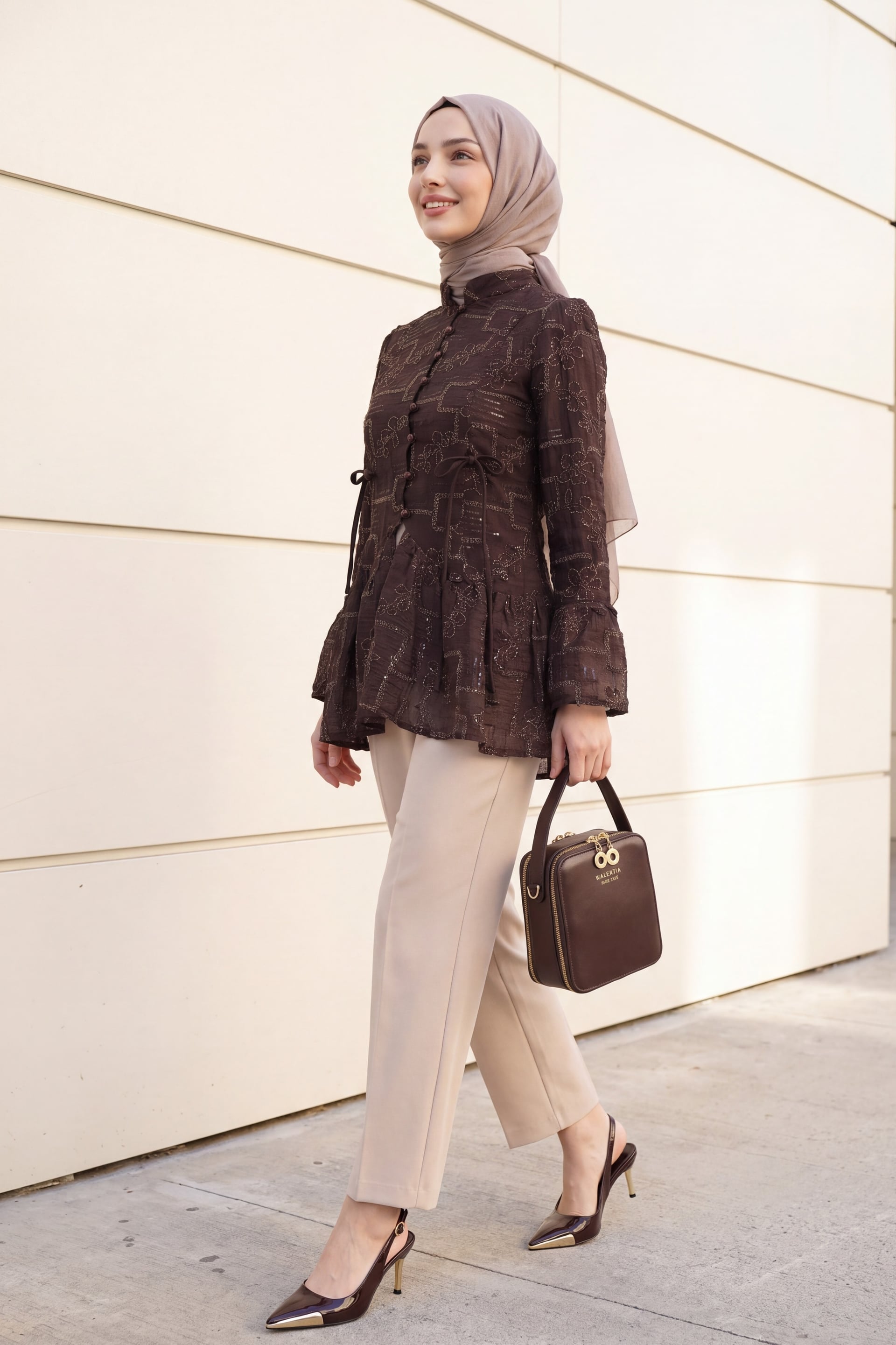 Dark Purple High Neck Button Front Lined Frilled Poliviscose Tunic - Podyumplus - by Peralane - photo 6