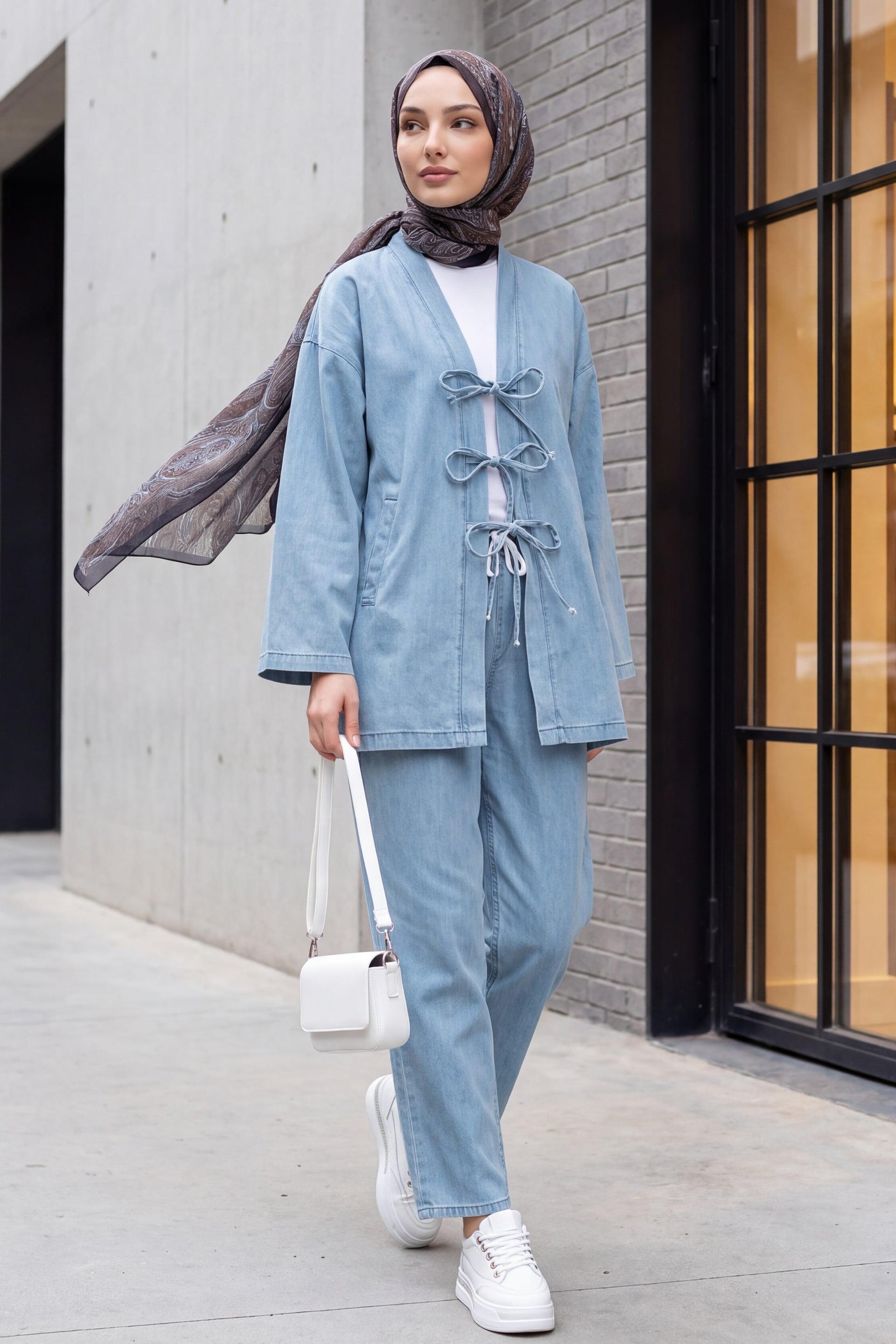 Tie-Front Denim Kimono Set with Pockets - Light Blue - Podyumplus - by Peralane - photo 2