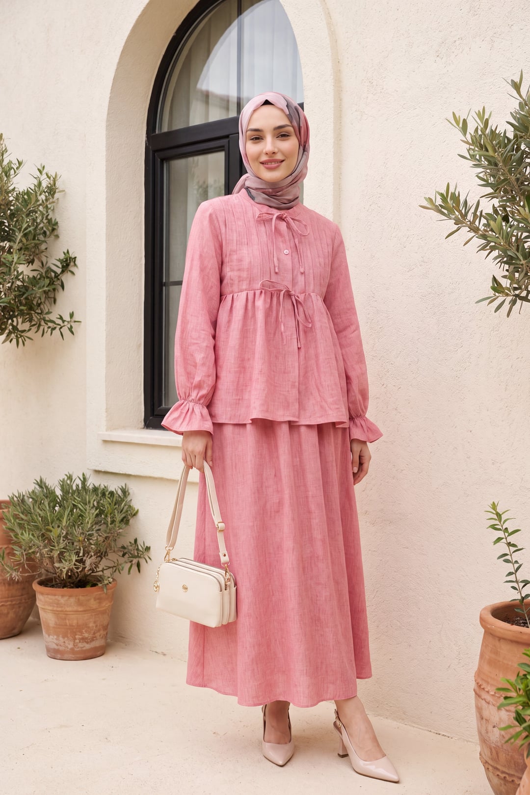 Half Button Tie Front Linen Look Two Piece Modest Set with Skirt - Pomegranate - Podyumplus - by Peralane - photo 2