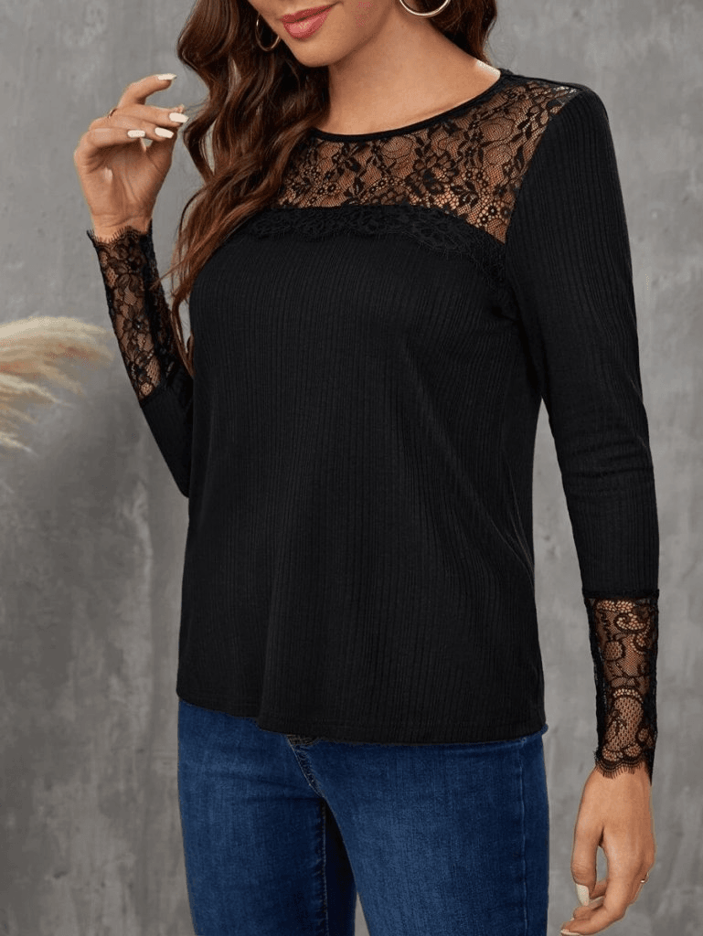 Women's Long Sleeve Round Neck Lace Detail Ribbed Blouse - Janes - by Peralane