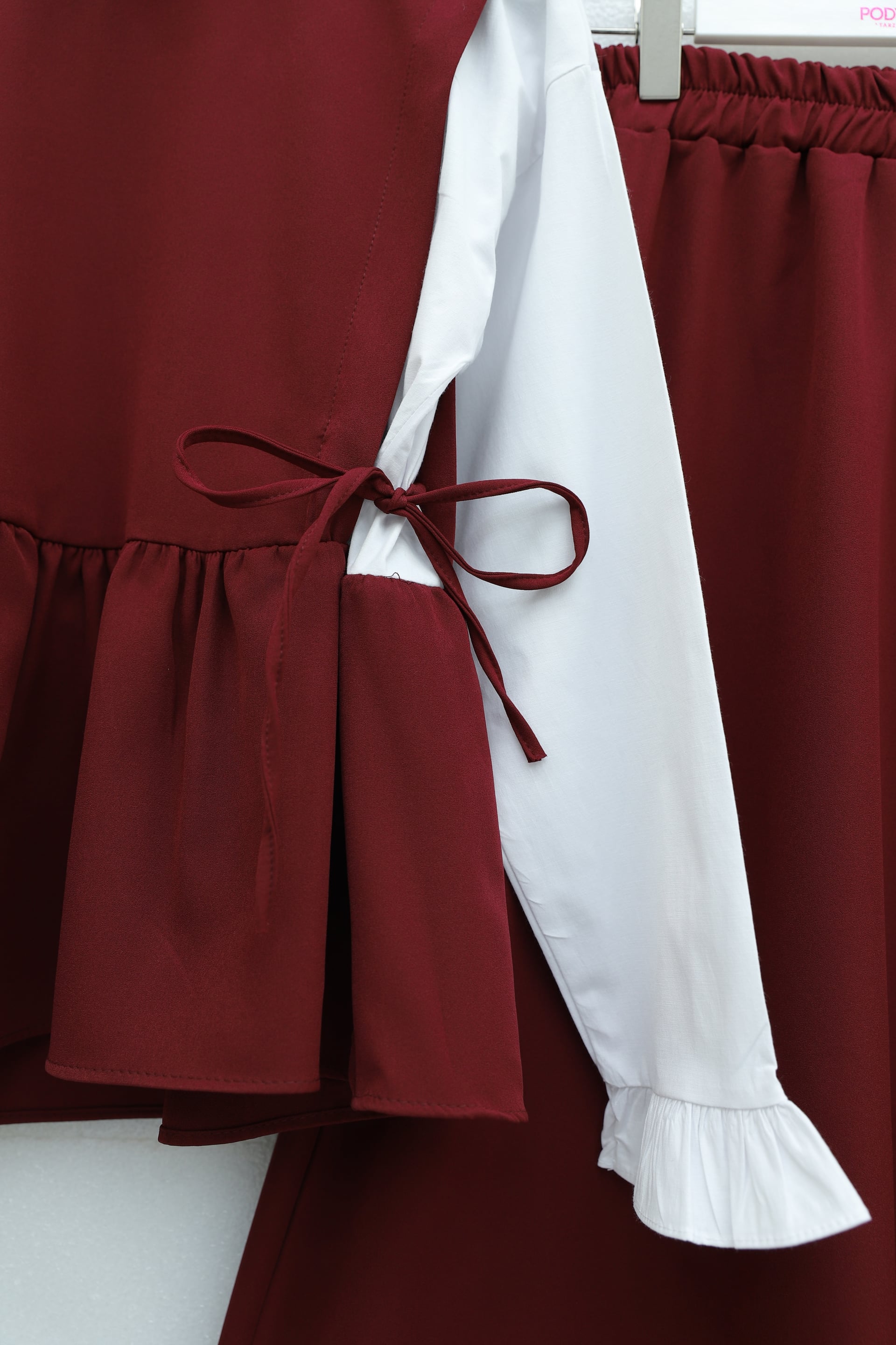 Burgundy and White Two-Piece Modest Set with Shirt Detail and Ruffled Skirt - Podyumplus - by Peralane - photo 6