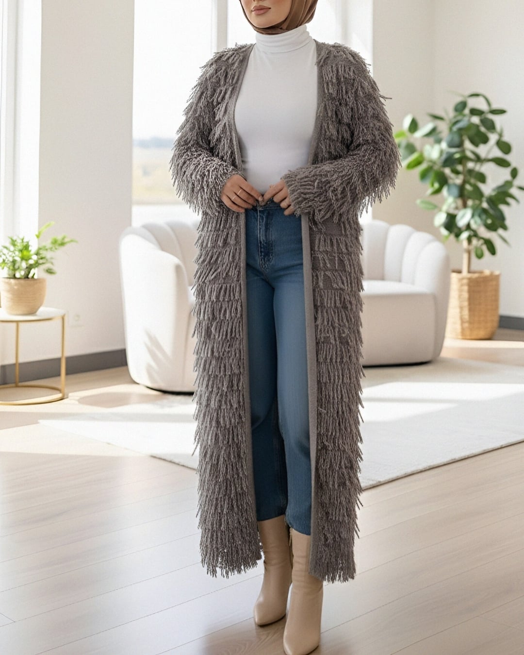 Fringed Long Knit Cardigan - Earth - Podyumplus - by Peralane - photo 3