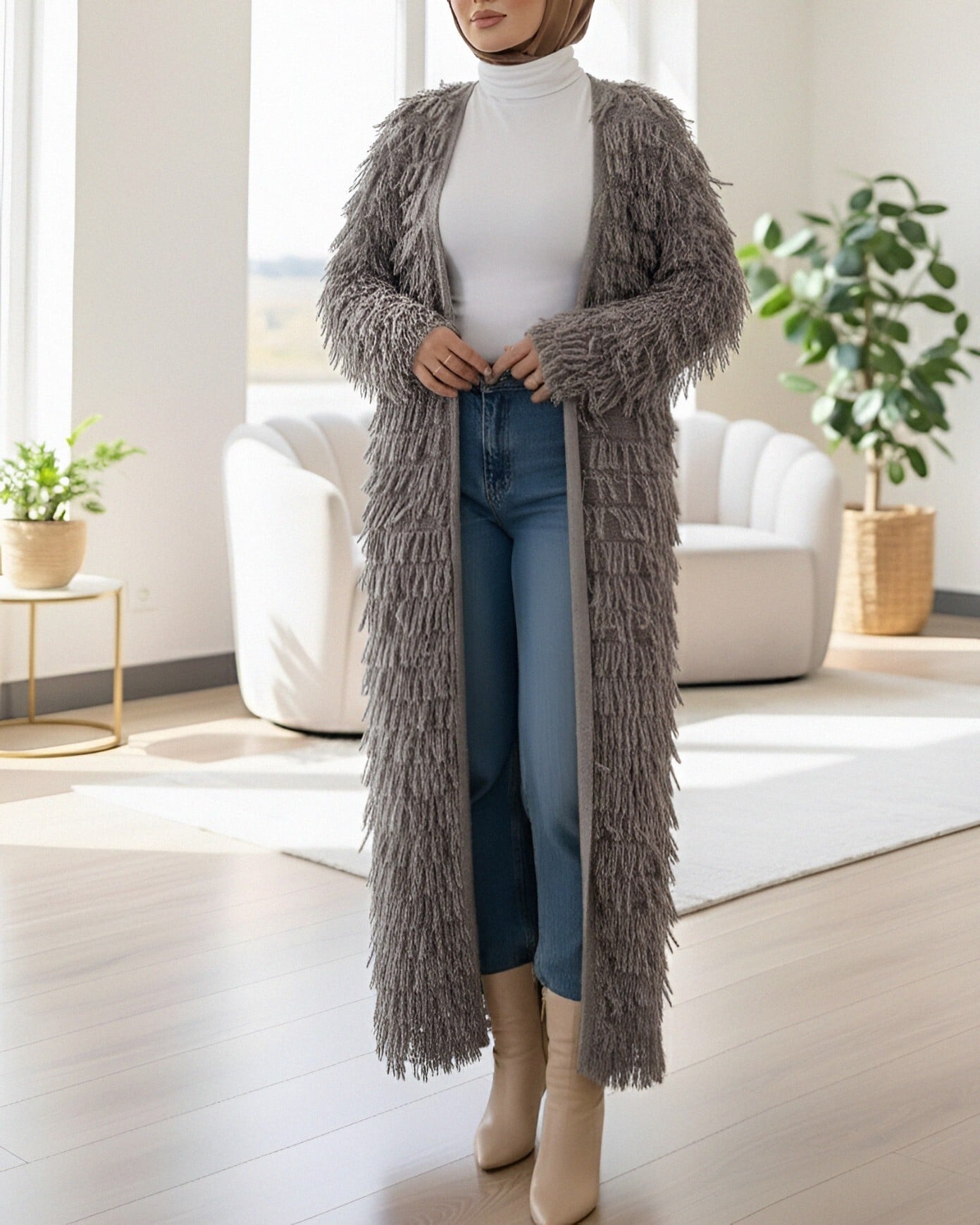 Fringed Long Knit Cardigan - Earth - Podyumplus - by Peralane - photo 3