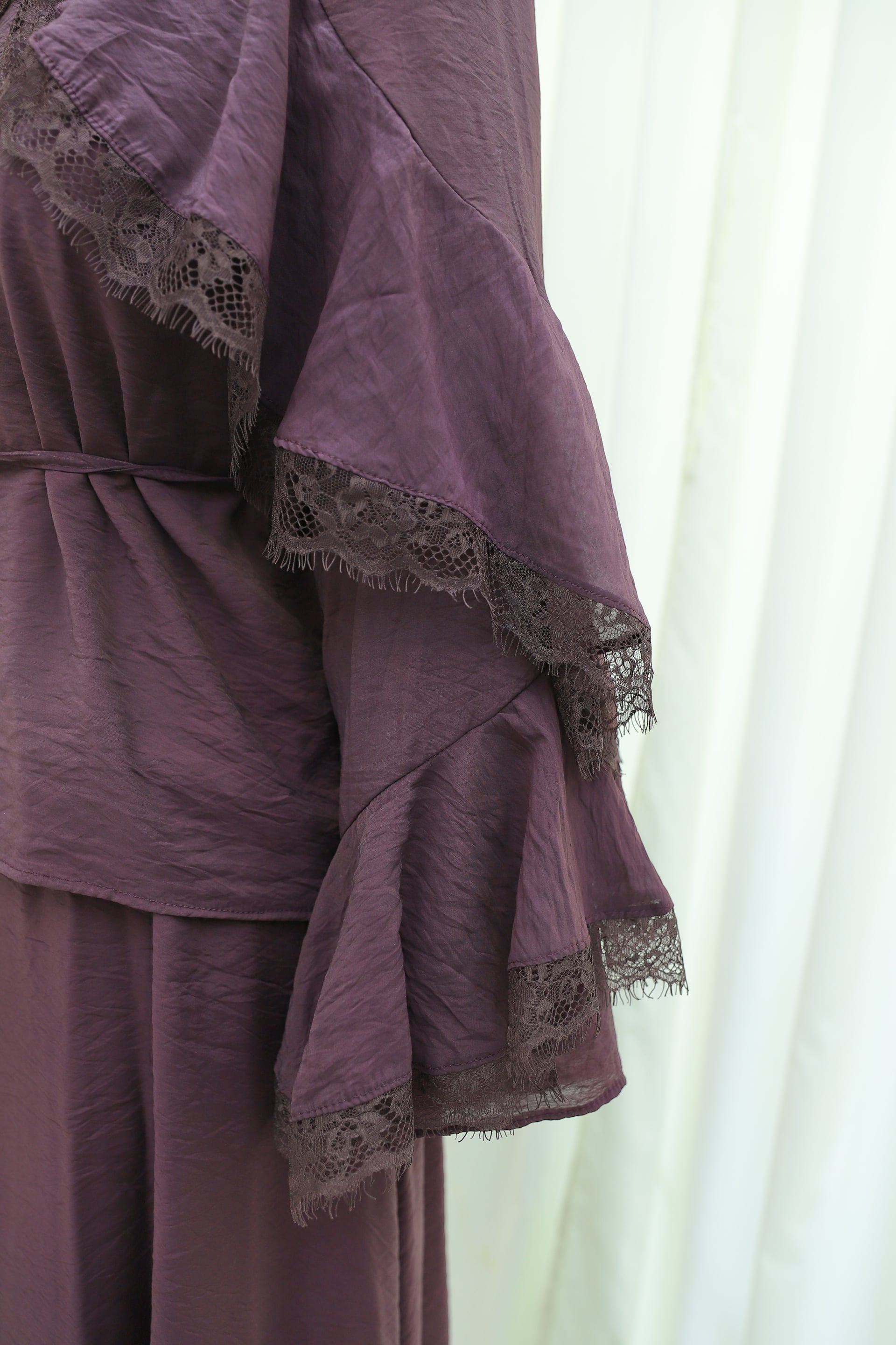 Lace Detail Spanish Sleeve Lined Belted Tulle Voile Skirt Set - Dark Plum - Podyumplus - by Peralane - photo 6