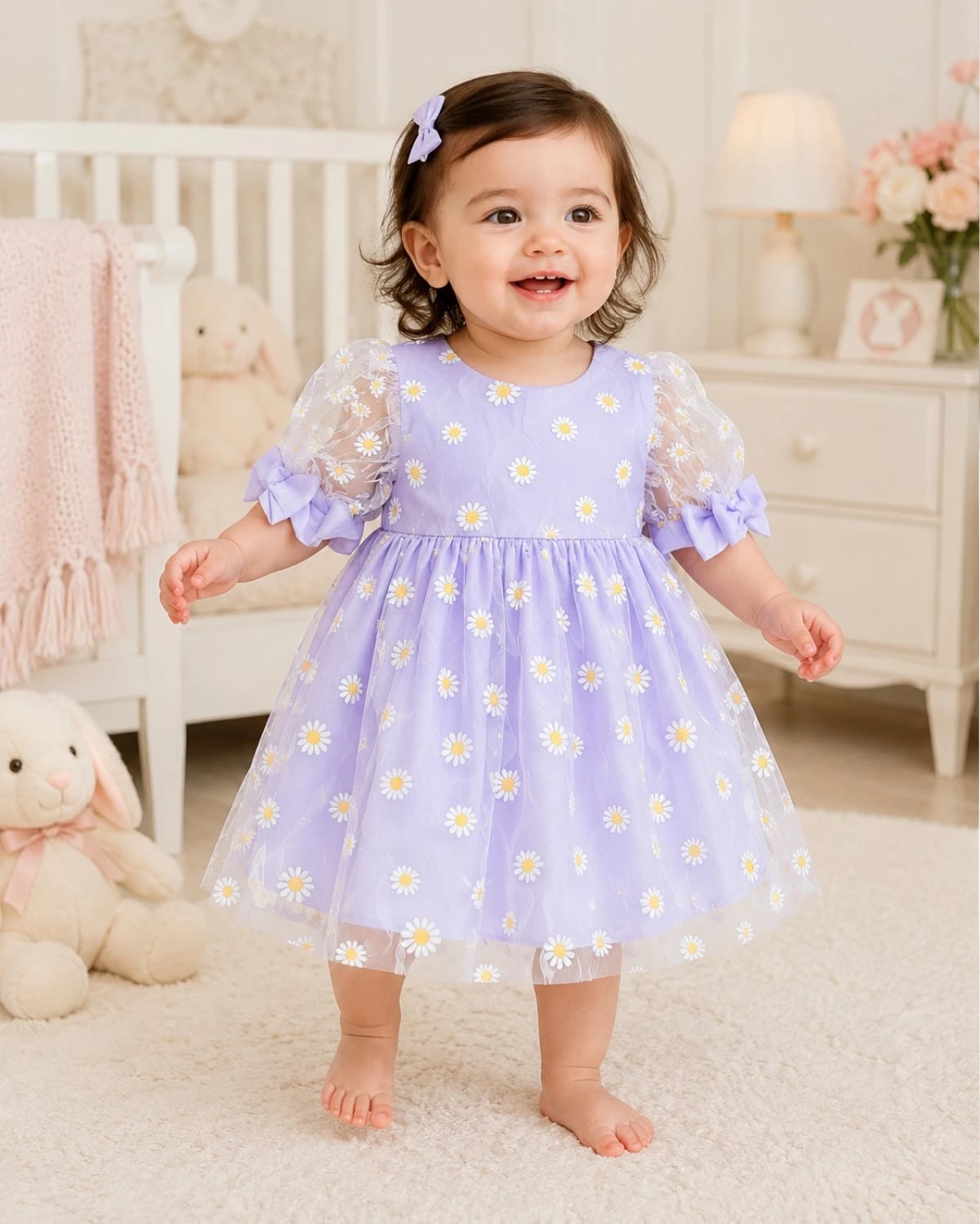 Girls' Lavender Daisy Print Dress with Tulle Sleeves - Has Bereket - by Peralane