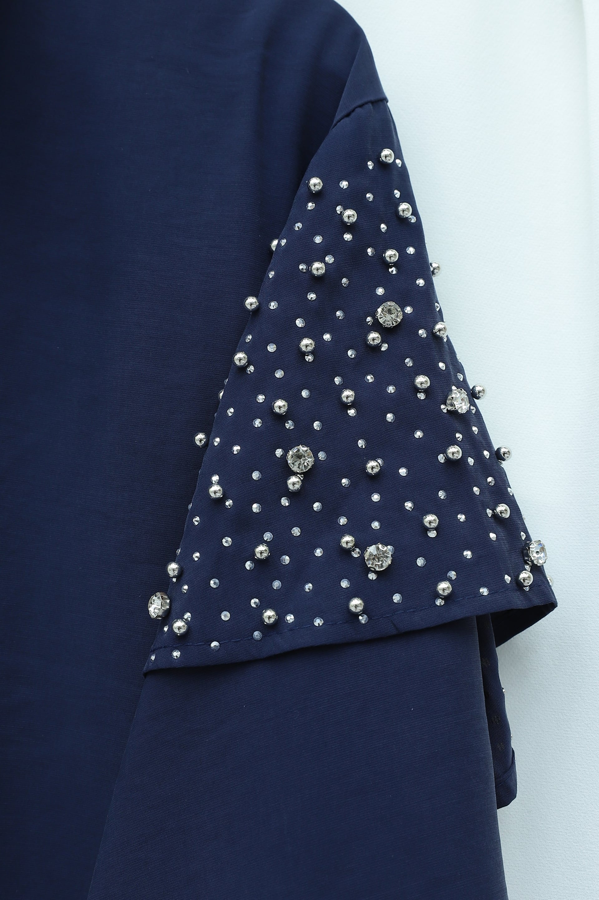 Navy Blue Collared Long-Sleeve Blouse with Bead Embellished Shoulders and Slit Detail - Podyumplus - by Peralane - photo 4