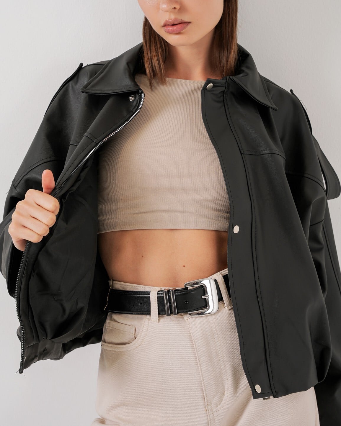 Women's Oversize Faux Leather Jacket - Black - Bigdart - by Peralane - photo 8