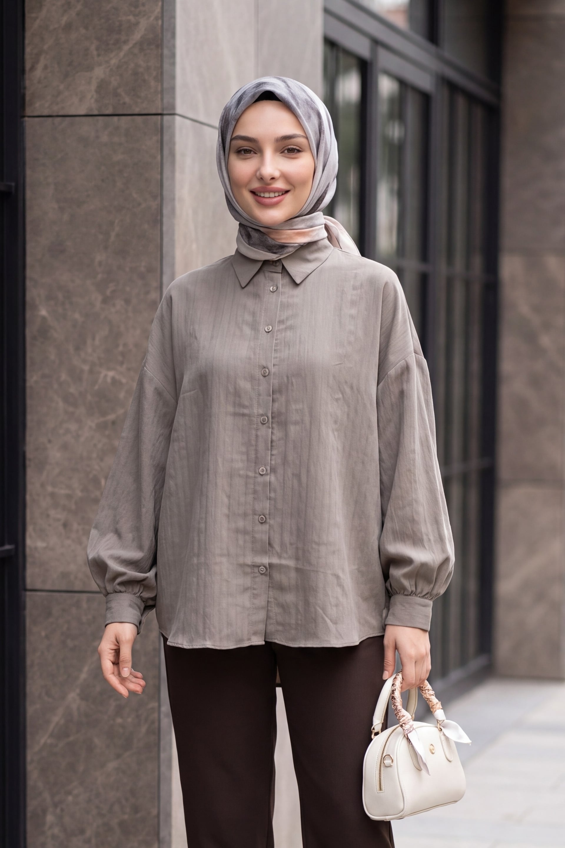 Long Back Oval Cut Buttoned Oversize Blouse - Light Brown - Podyumplus - by Peralane - photo 3