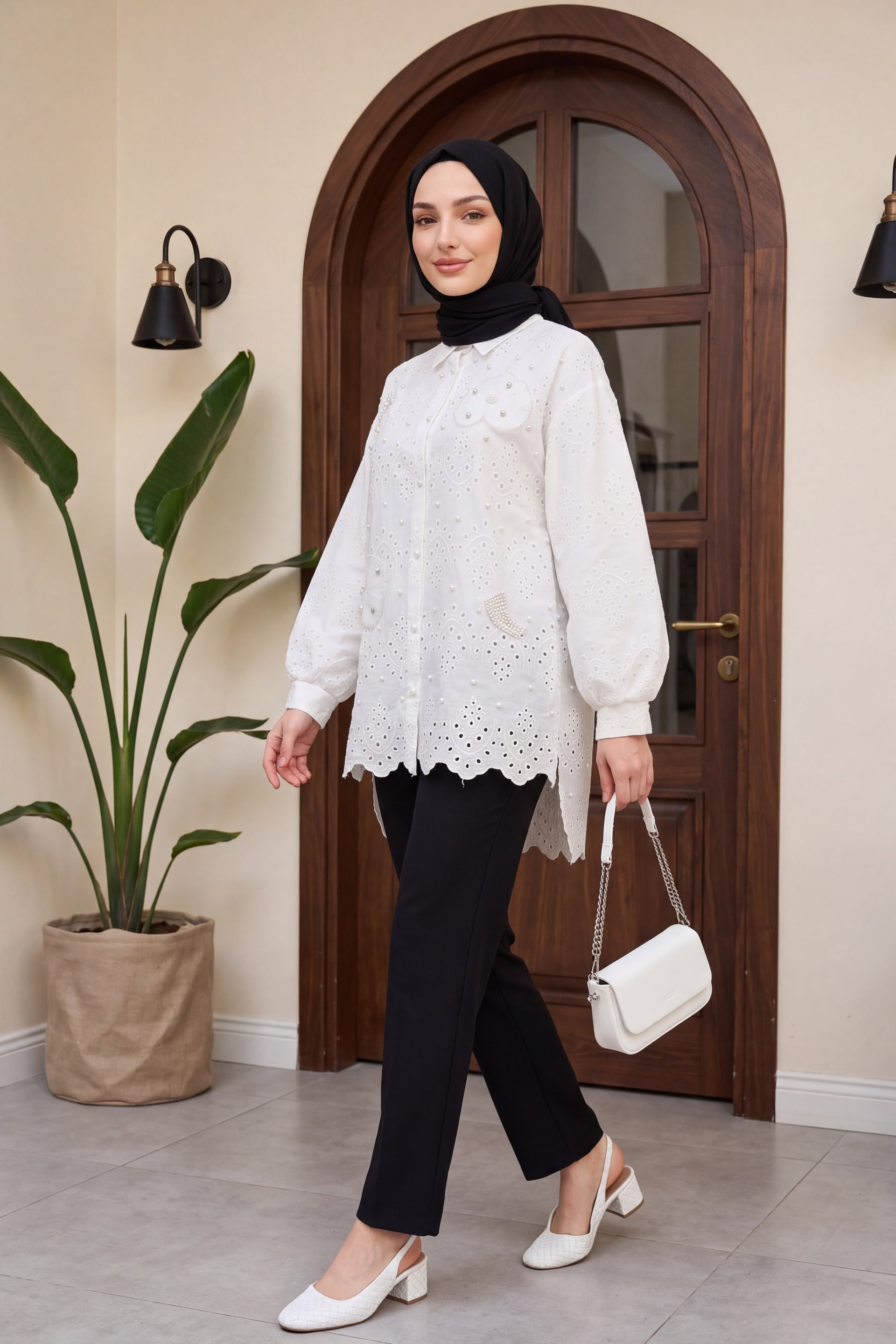 White Organza Tulle Detail Pearl Button Back Long Fringe Tunic - Podyumplus - by Peralane - photo 3
