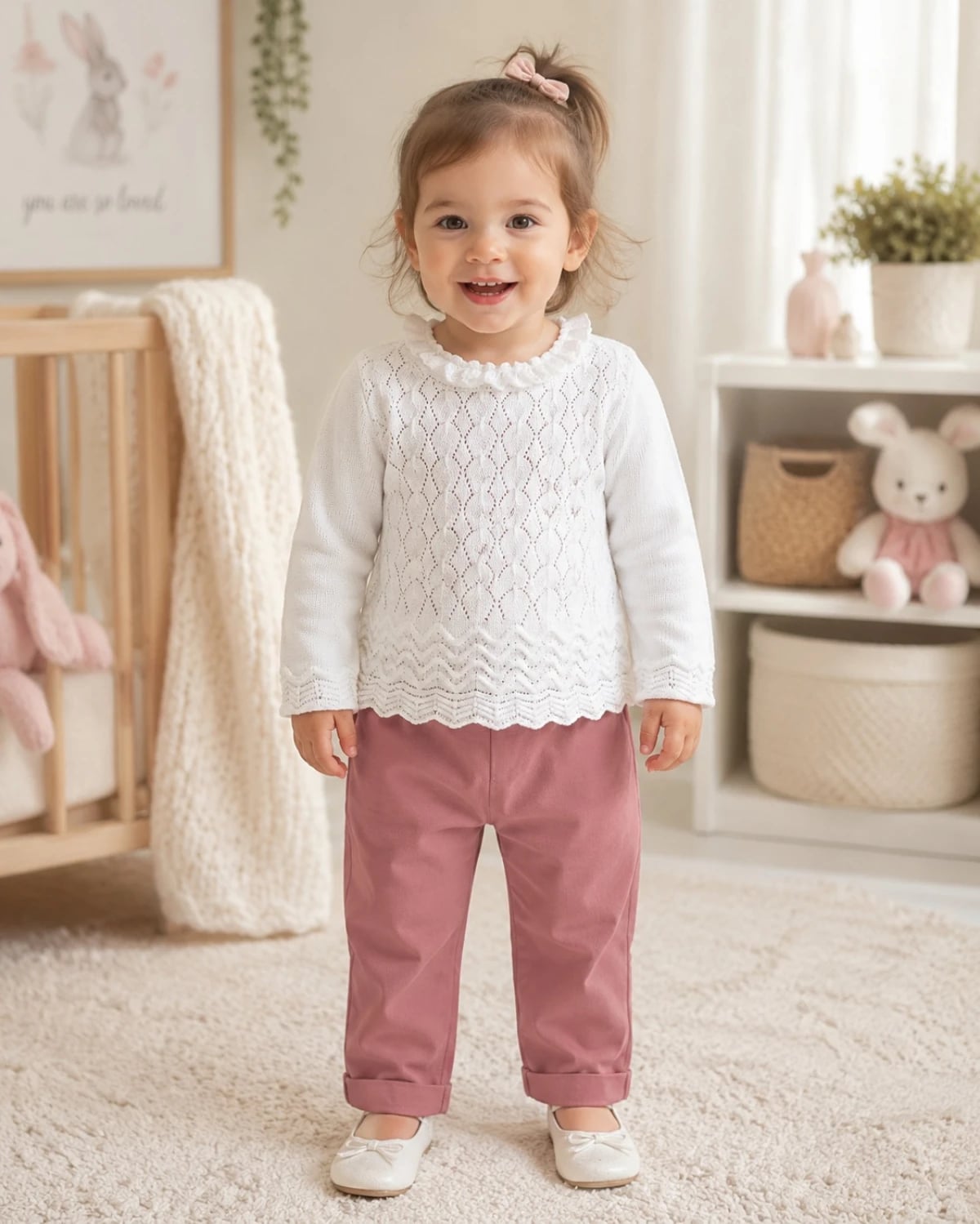 Girls' 2-Piece Knit Set with Sweater and Trousers - White - Has Bereket - by Peralane