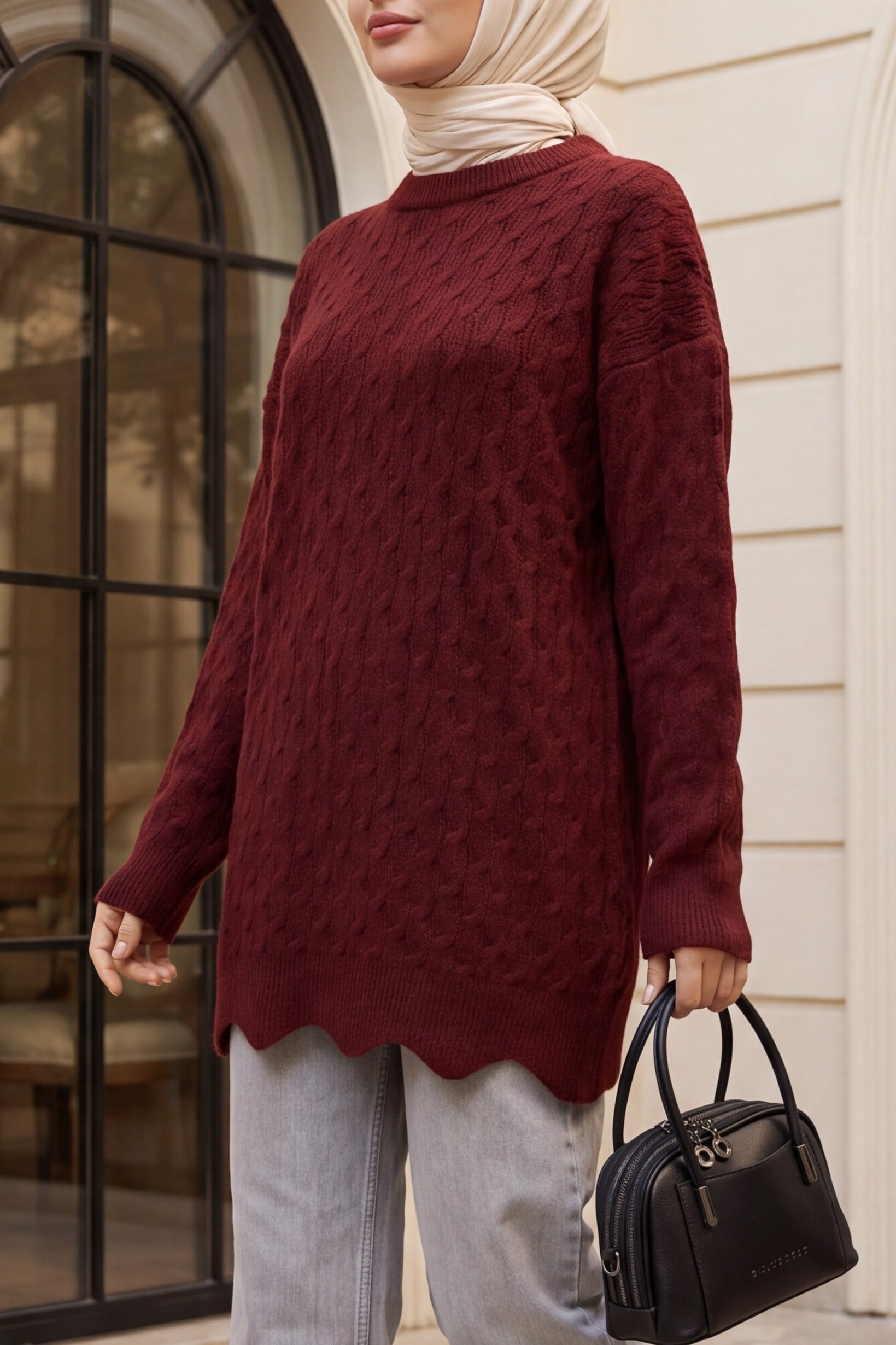 Chain Pattern Crew Neck Loose Fit Knit Tunic - Burgundy - Podyumplus - by Peralane