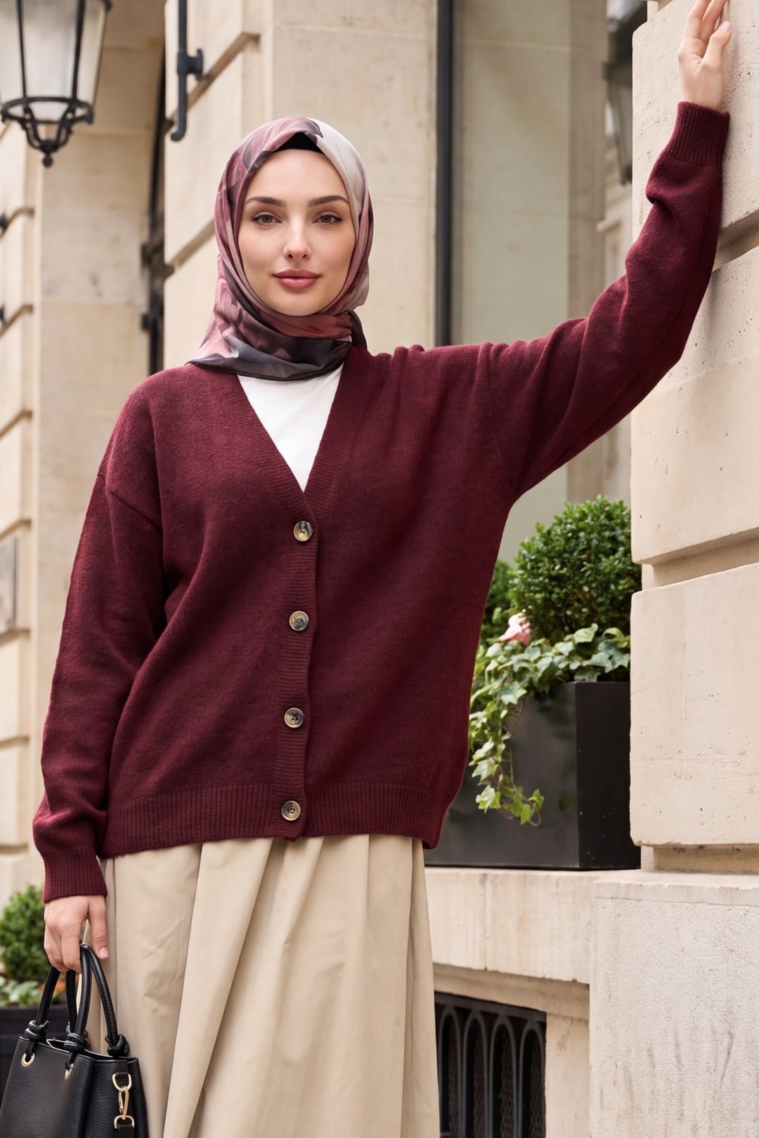 V-Neck Button-Front Cardigan - Burgundy - Podyumplus - by Peralane - photo 2