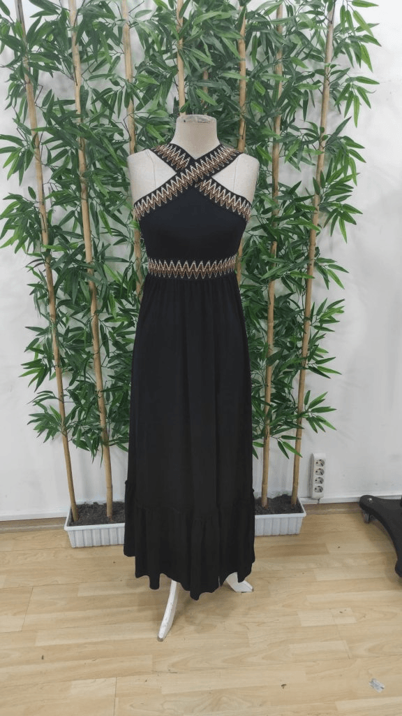 Women's Black Halter Neck Midi Dress with Gold and White Zigzag Embroidery - Janes - by Peralane - photo 4