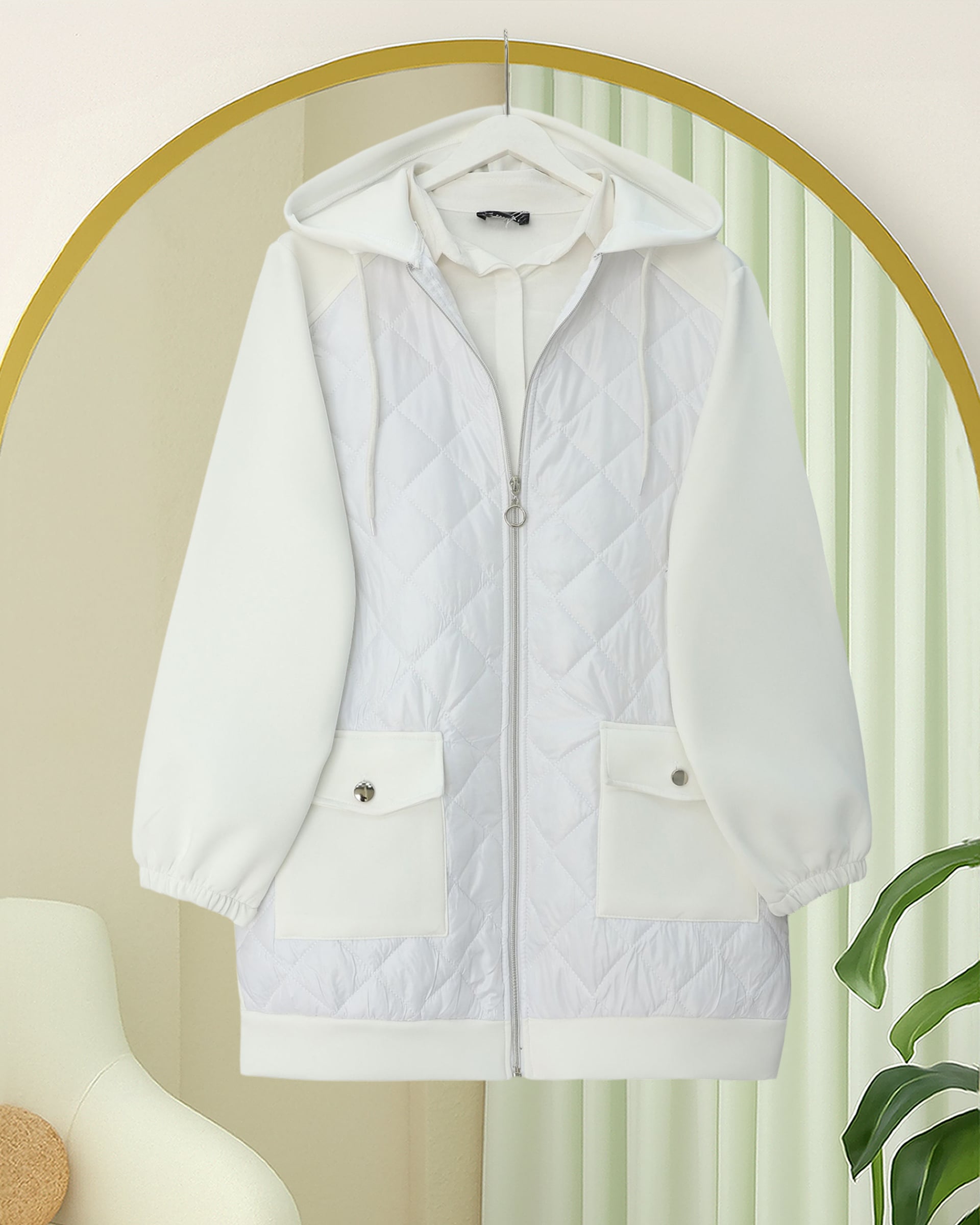 White Quilted Hooded Scuba Sweatshirt with Pockets - Podyumplus - by Peralane - photo 2